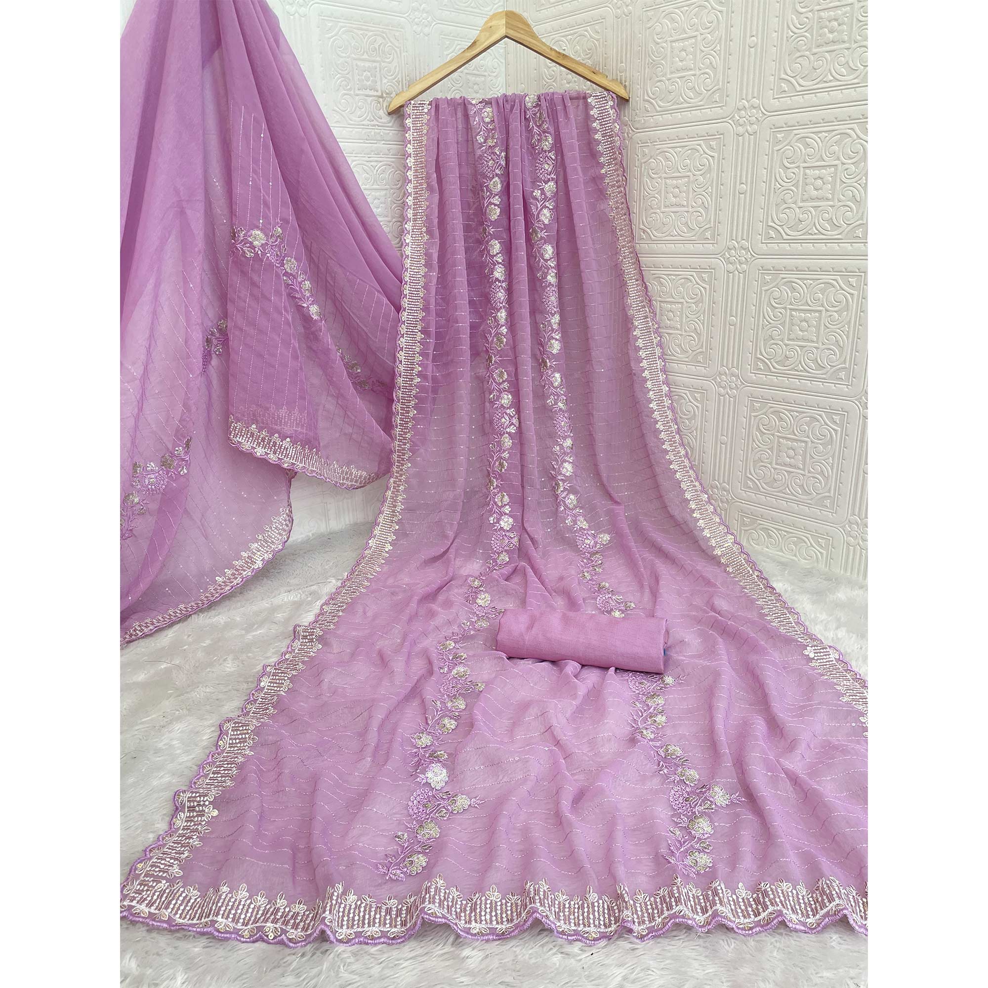 Light Purple Shimmer Chiffon Saree with Floral Sequin Embroidery & Elegant Cutwork Border