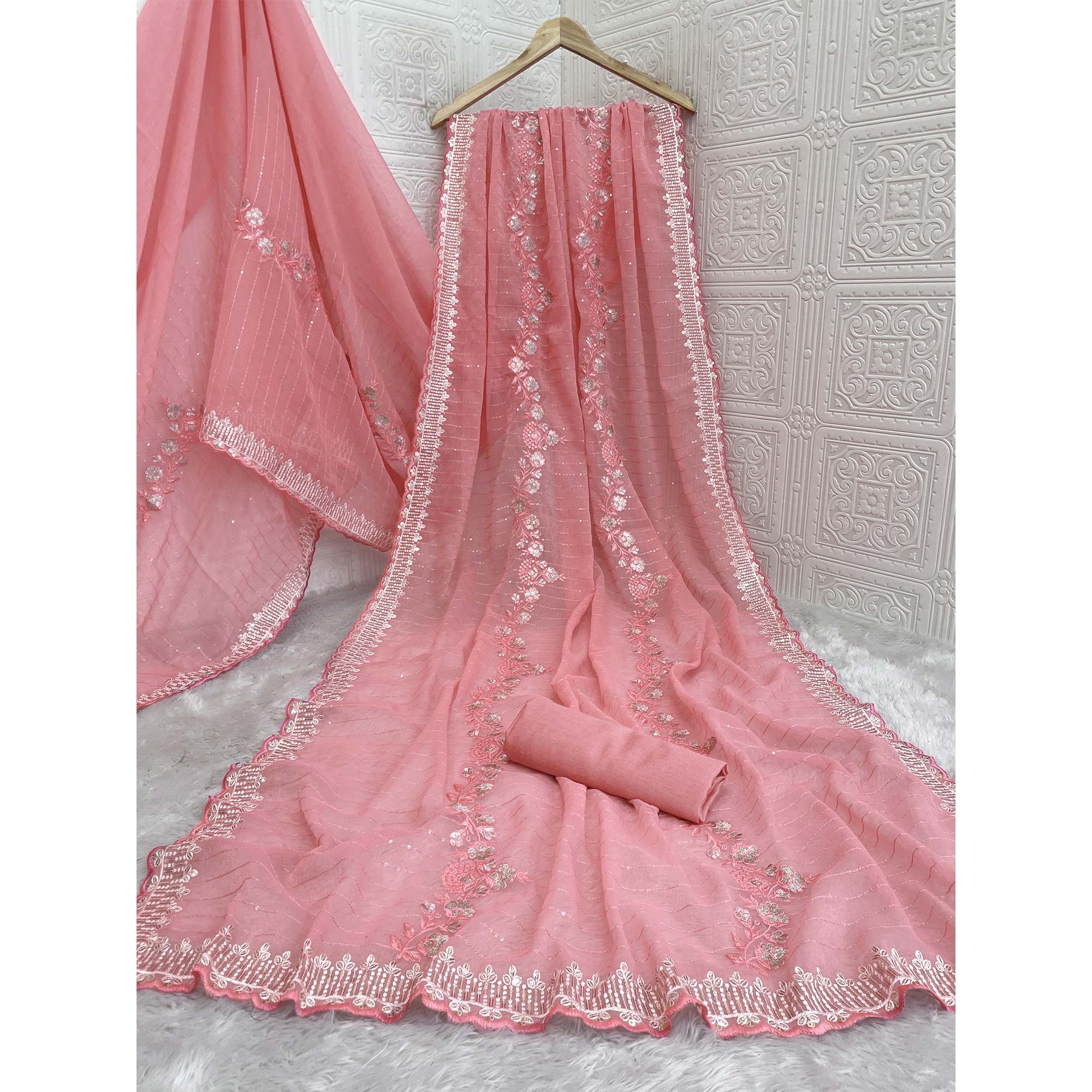 Rose Pink Shimmer Chiffon Saree with Pastel Floral Sequin Embroidery & Delicate Cutwork Border