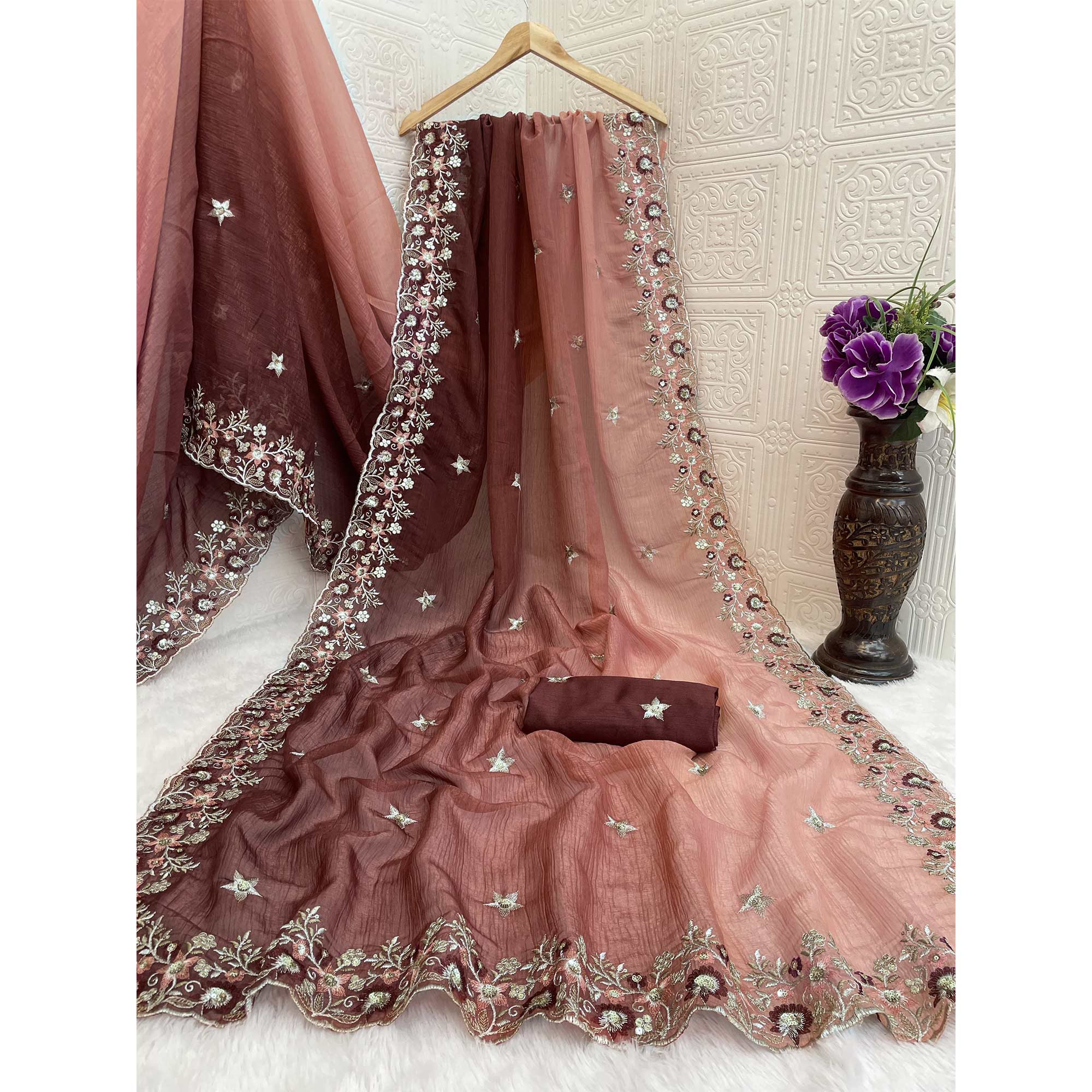 Brown Crunchy Crush Saree Featuring Floral Thread Embroidery & Sequins Embellishment