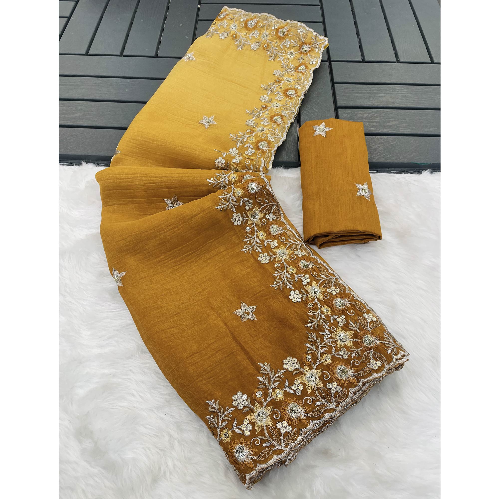Mustard Crunchy Crush Saree Featuring Floral Thread Embroidery & Sequins Embellishment
