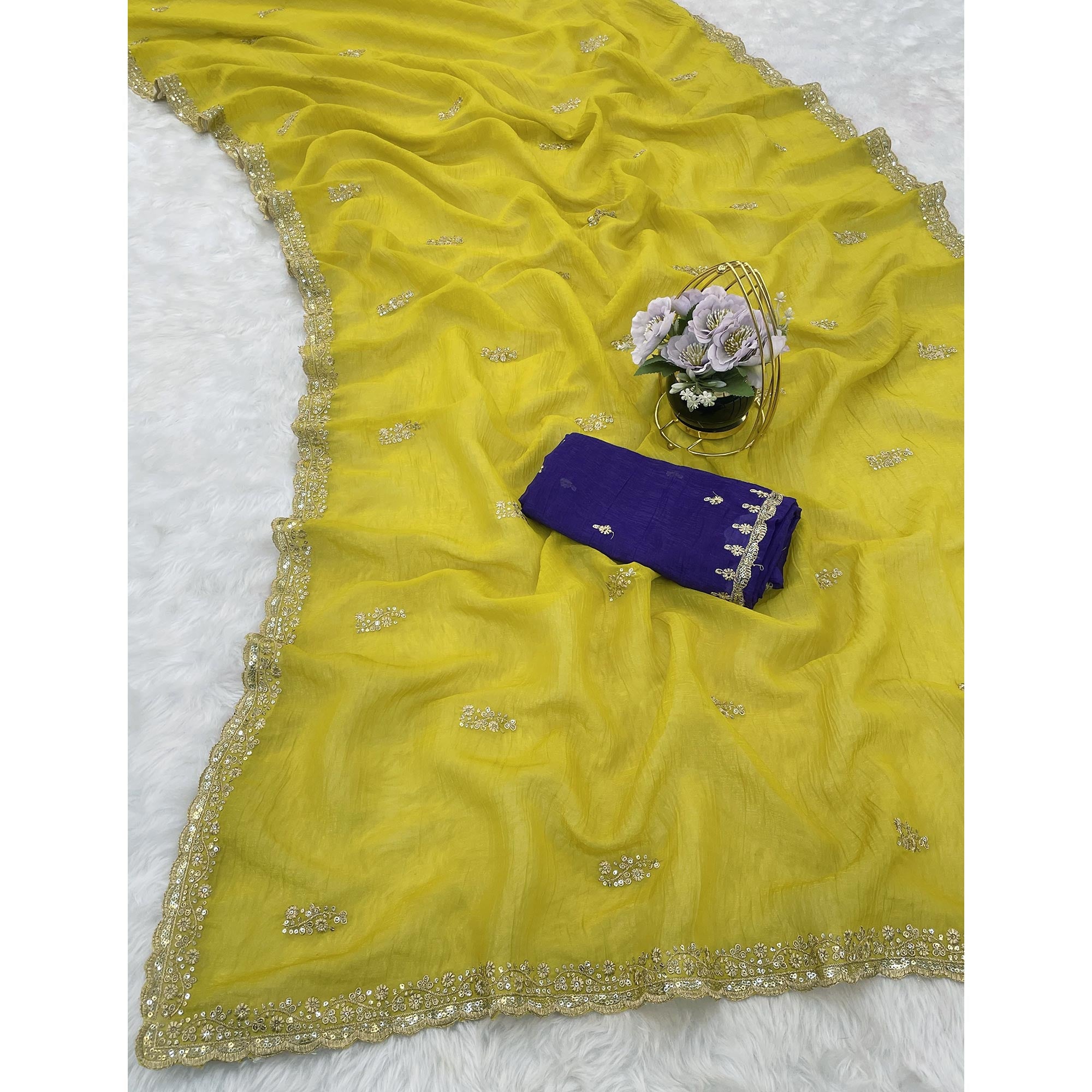 Enchanting Green Crunchy Crush Saree With Delicate Floral Thread Embroidery & Sparkling Sequins Accents