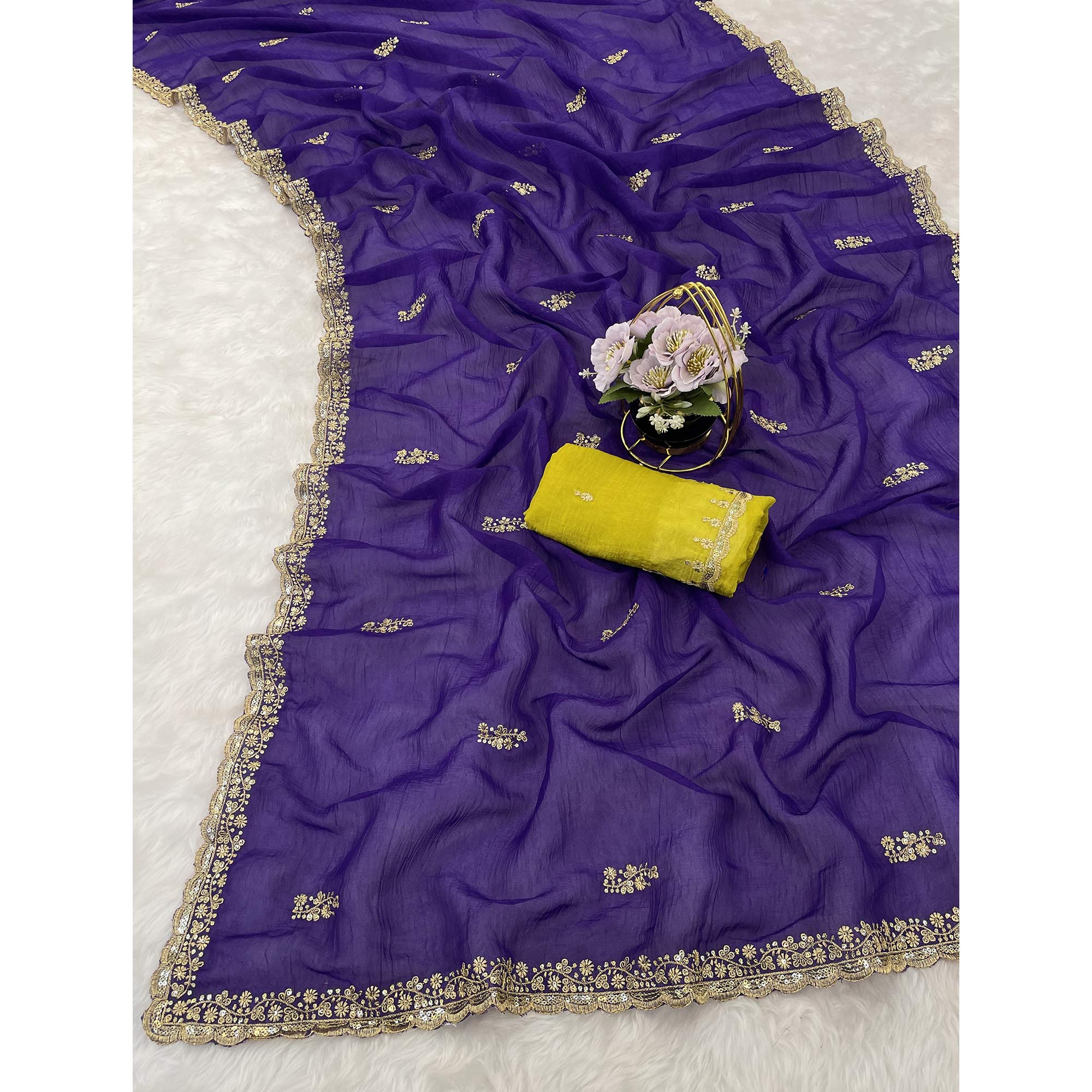 Royal Purple Crunchy Crush Saree Adorned With Floral Thread Embroidery & Gleaming Sequins Detailing