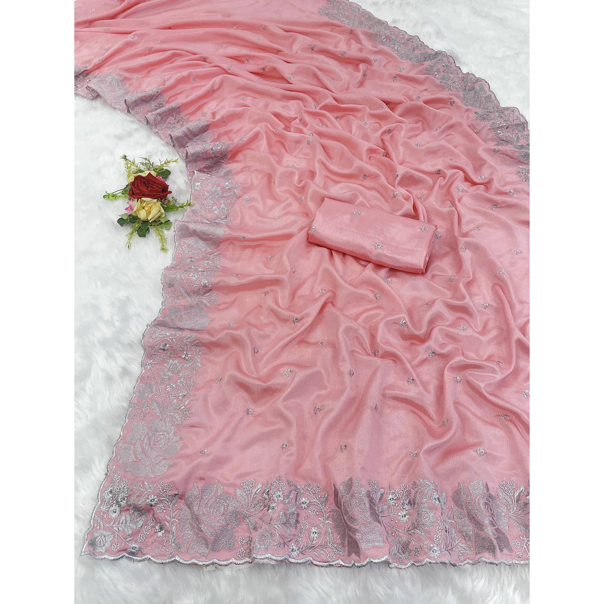 Graceful Baby Pink Chinon Chiffon Saree With Intricate Floral Zari Embroidery