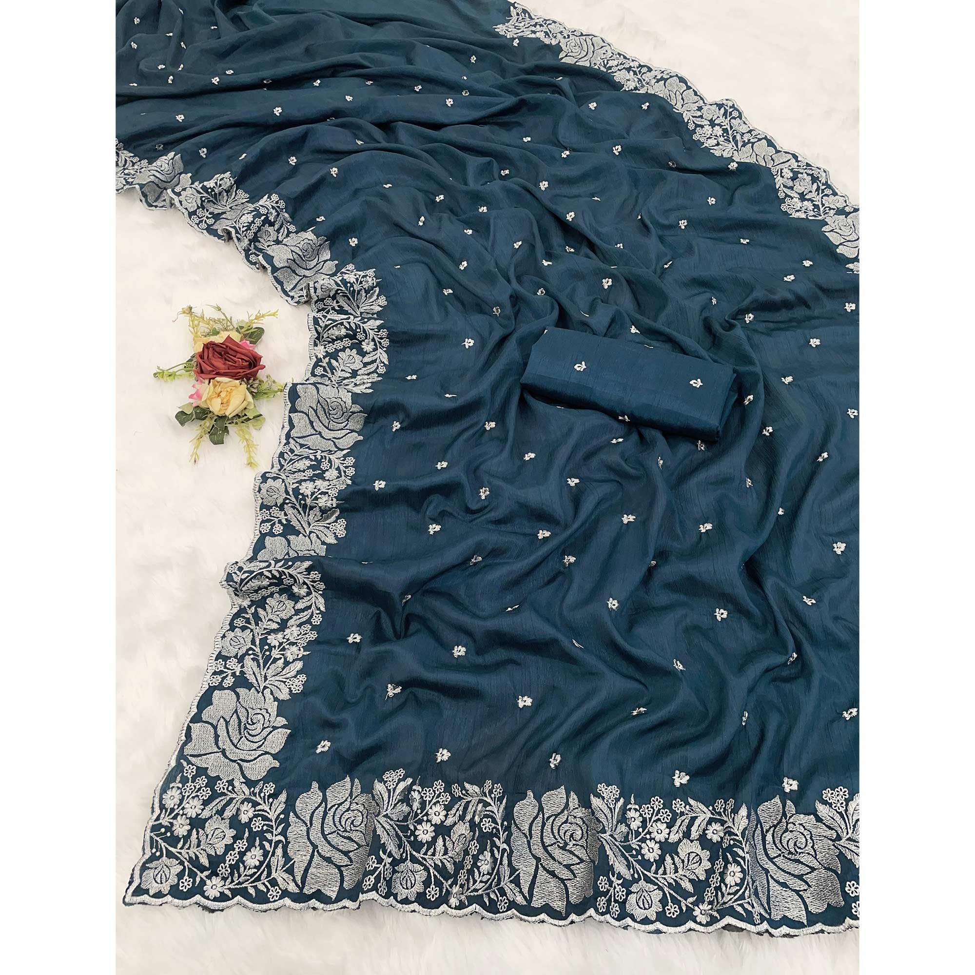 Dark Teal Blue Chinon Chiffon Saree With Graceful Floral Zari Embroidery