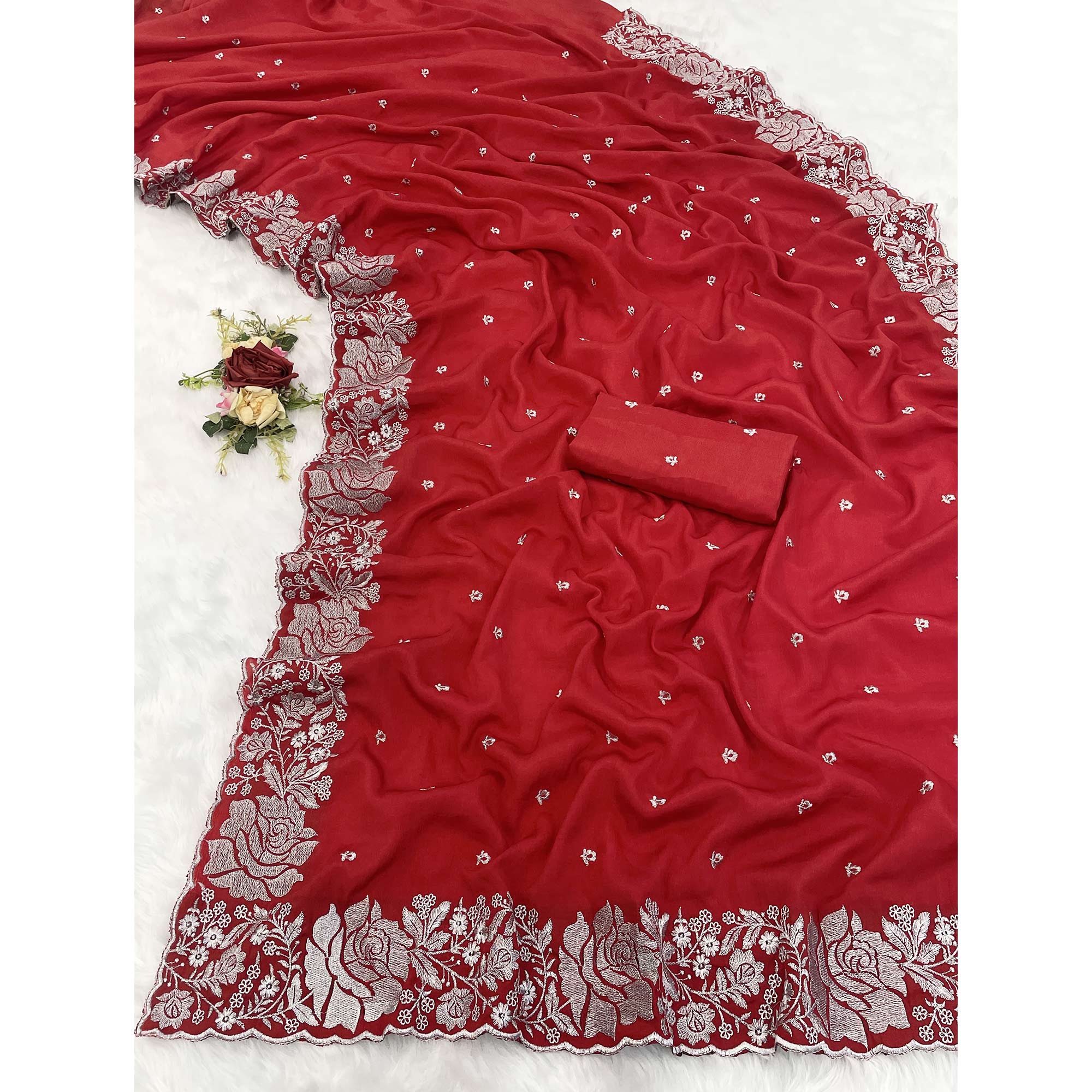 Elegant Red Chinon Chiffon Saree Embellished with Timeless Floral Zari Embroidery