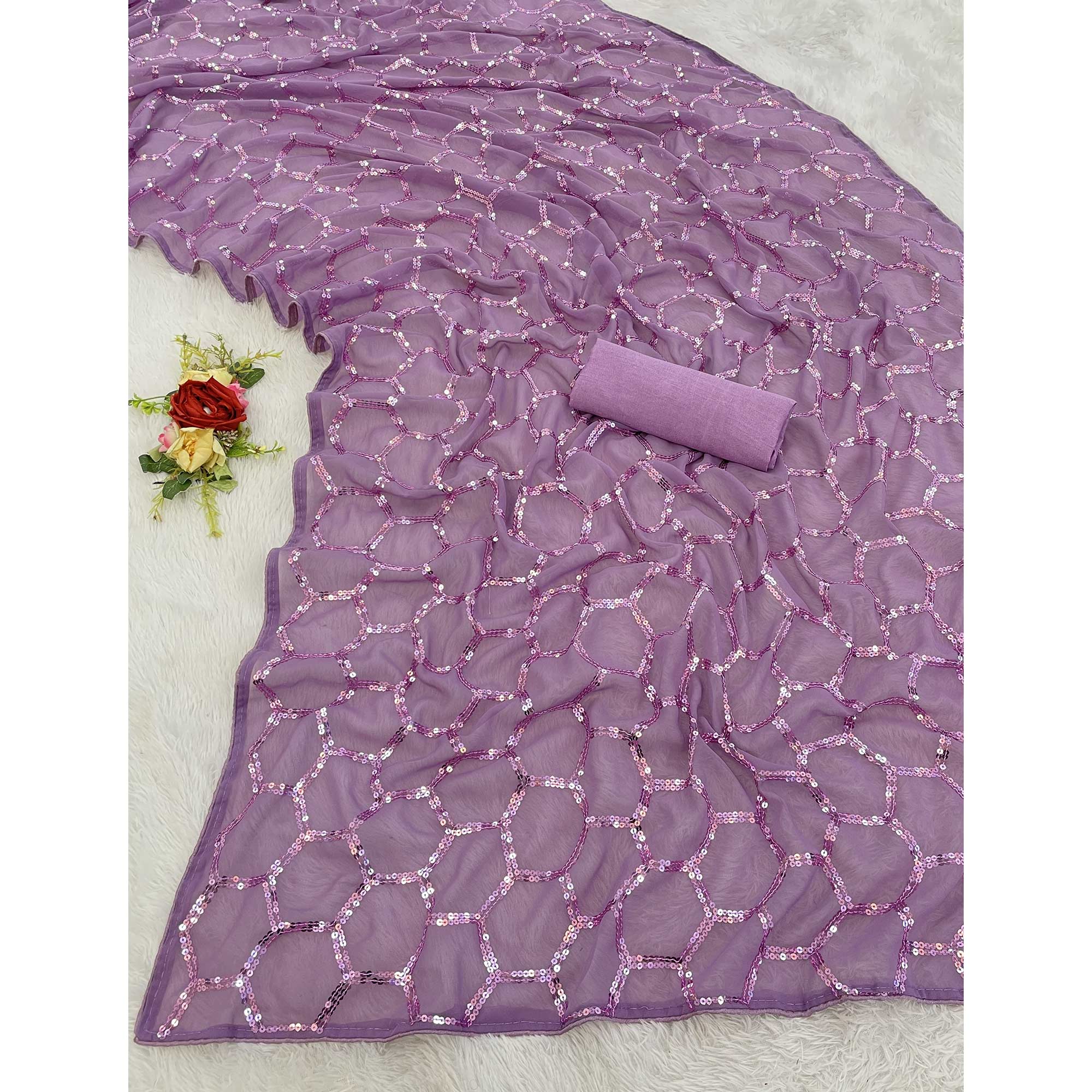 Lilac Purple Georgette Silk Saree Embellished With Sparkling Sequins Embroidery & Piping Border