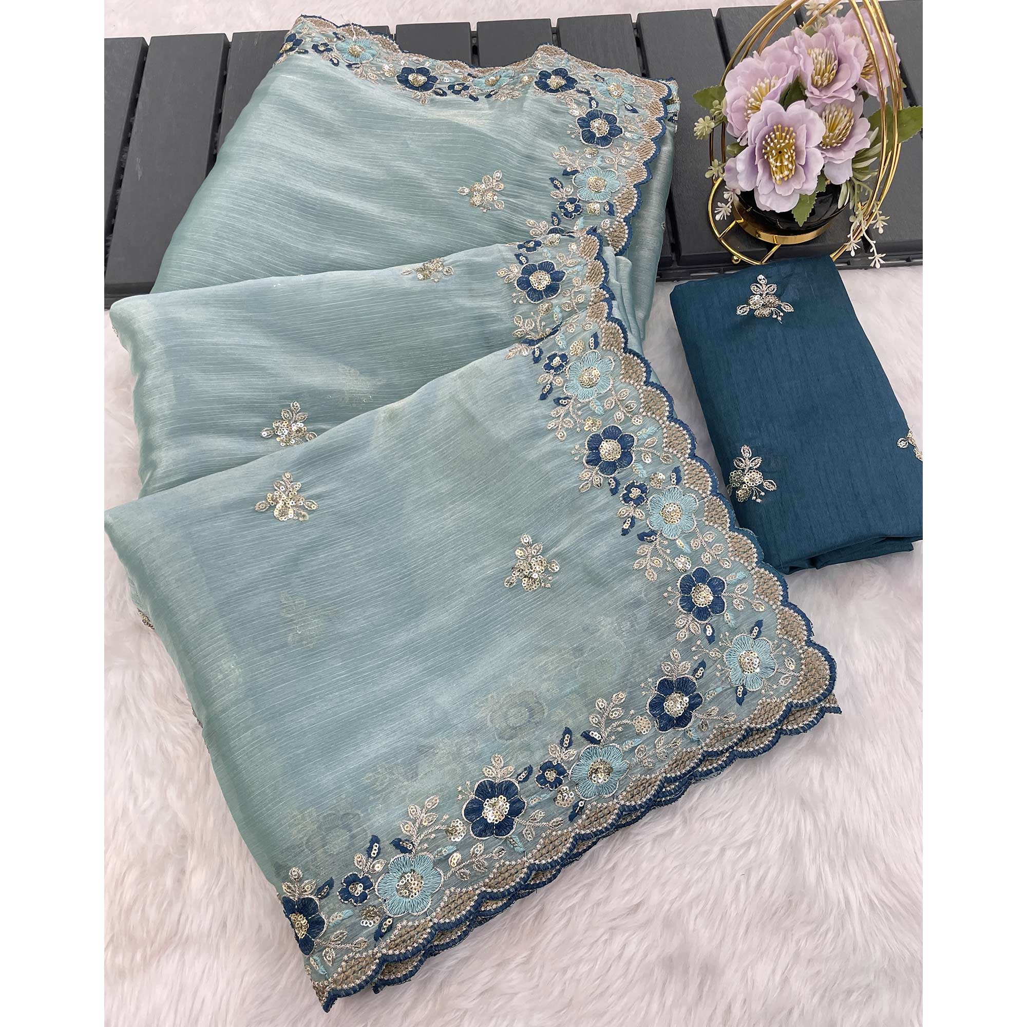 Blue Jimmy Choo Chiffon Saree Adorned With Floral Embroidery & Delicate Sequins Work