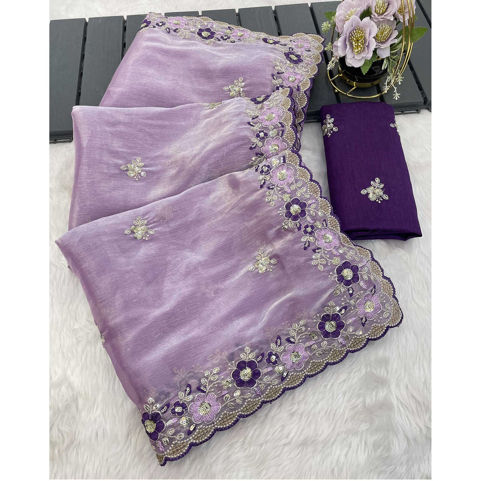 Lavender Jimmy Choo Chiffon Saree Adorned With Floral Embroidery & Delicate Sequins Work
