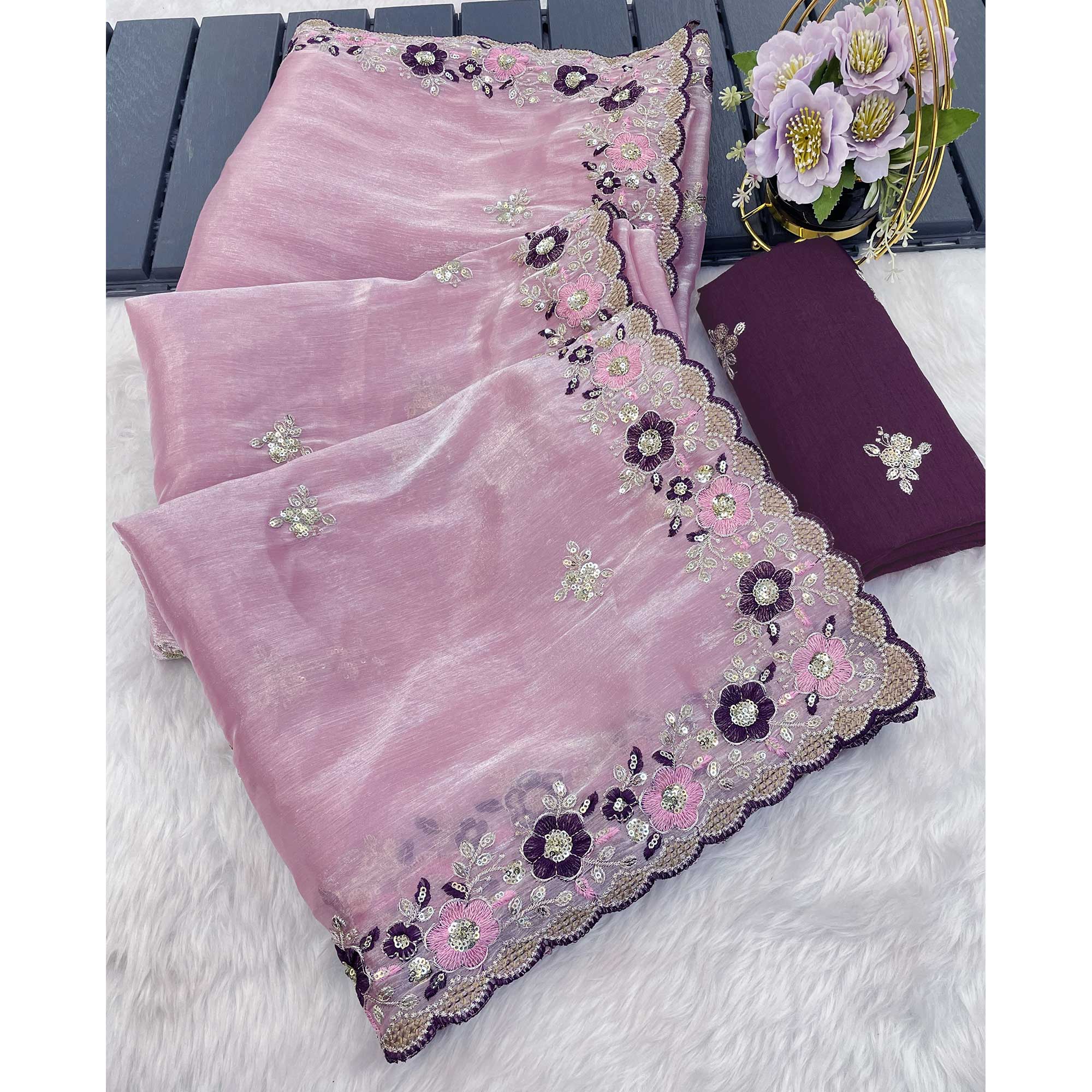Onion Pink Jimmy Choo Chiffon Saree Adorned With Floral Embroidery & Delicate Sequins Work