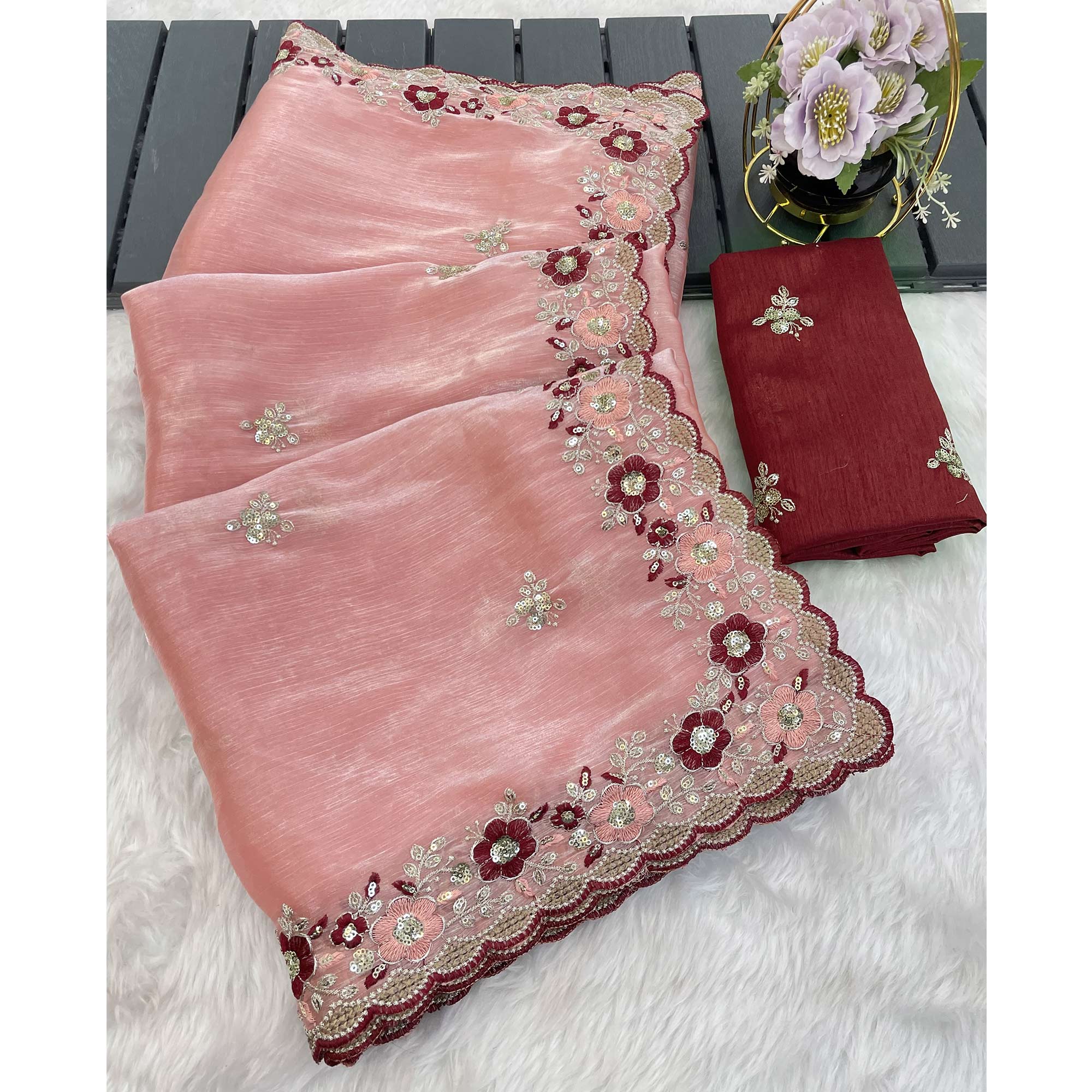 Peach Jimmy Choo Chiffon Saree Adorned With Floral Embroidery & Delicate Sequins Work