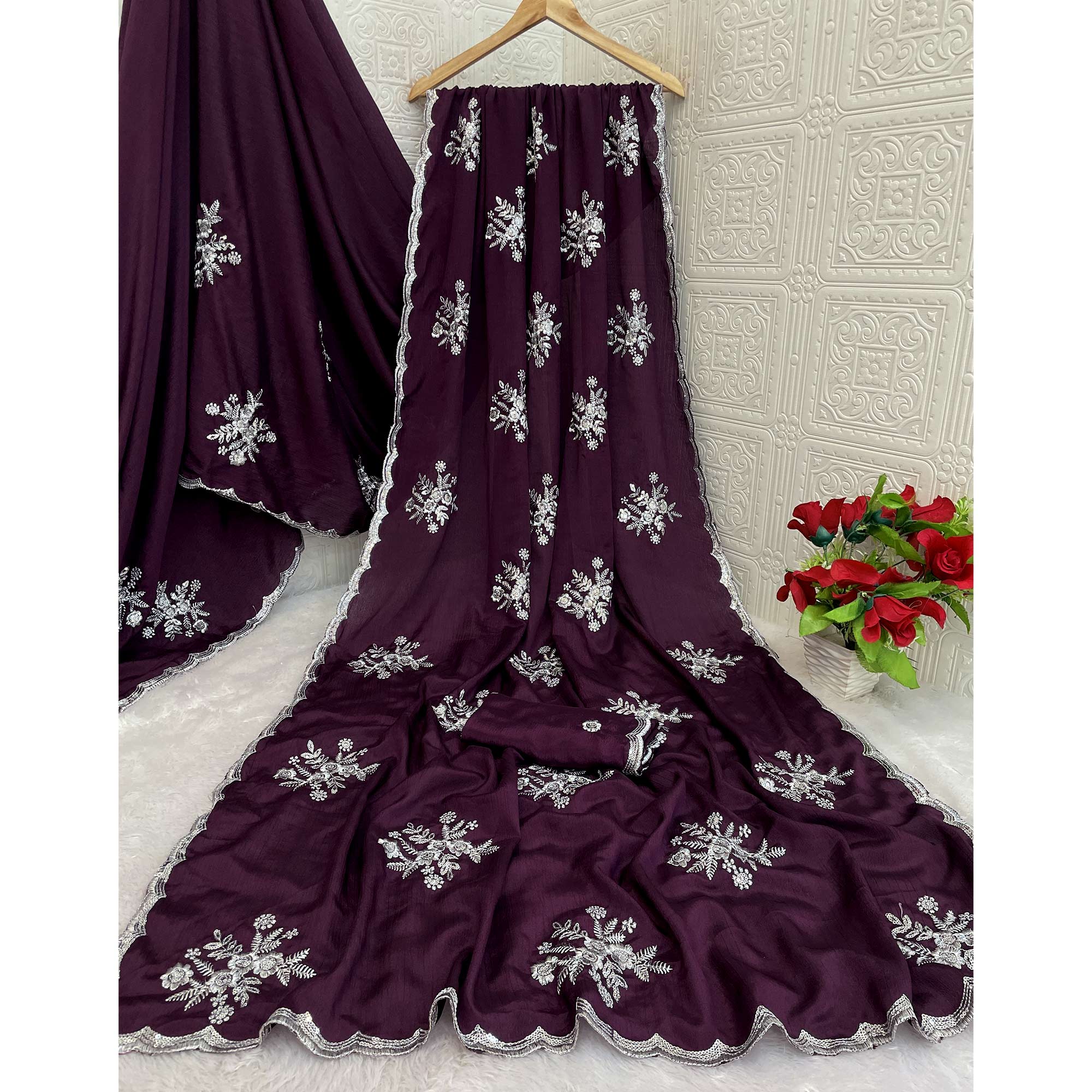 Wine Chinon Saree Adorned With Zari Floral Embroidery & Gleaming Sequins Work