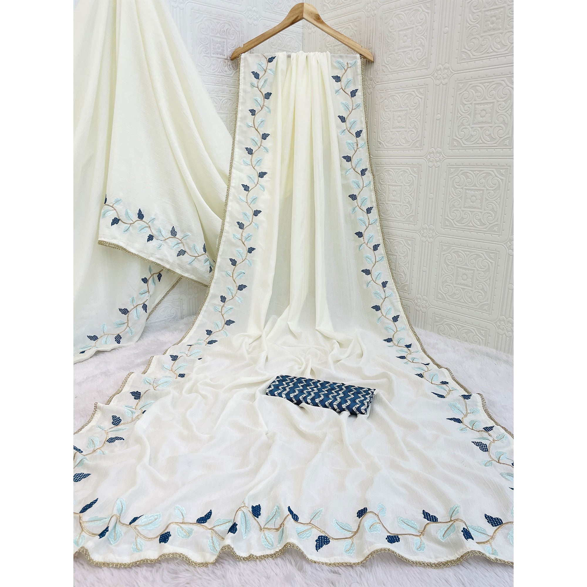 Timeless Offwhite & Blue Pure Silk Saree With Intricate Thread Embroidery And Delicate Lace Border