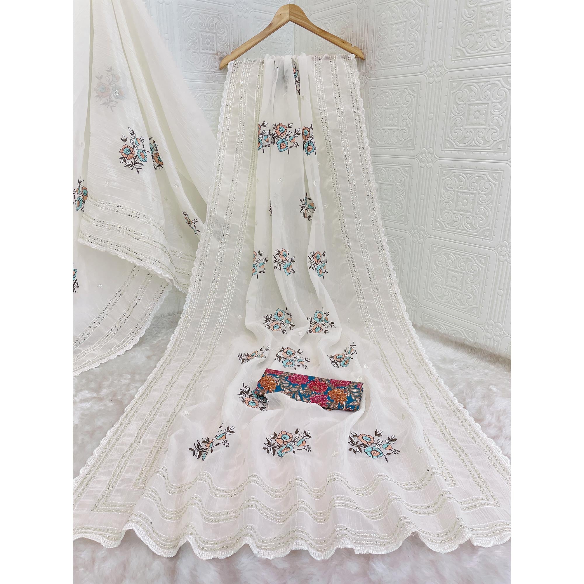 White Embroidered Cotton Silk Saree with Subtle Sequins Detailing