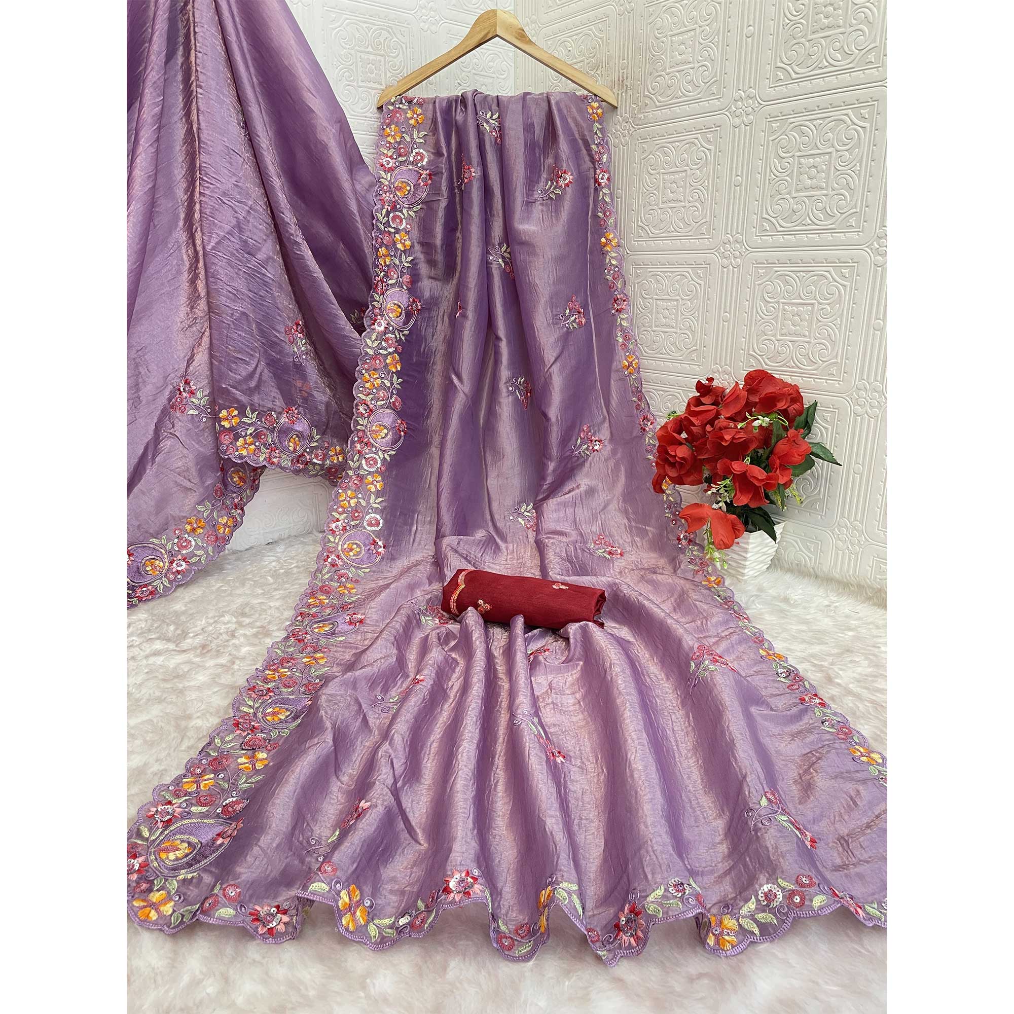 Lavender Elegance Cotton Silk Saree with Floral Sequins Embroidery