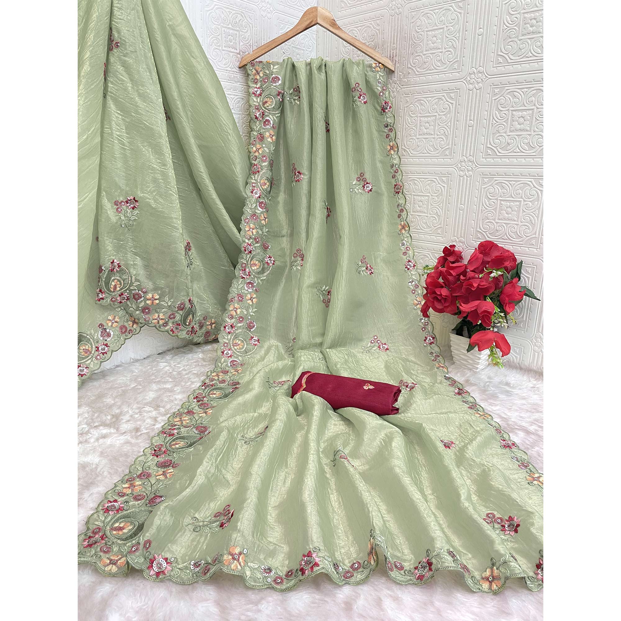 Pista Green Elegance Cotton Silk Saree with Floral Sequins Embroidery