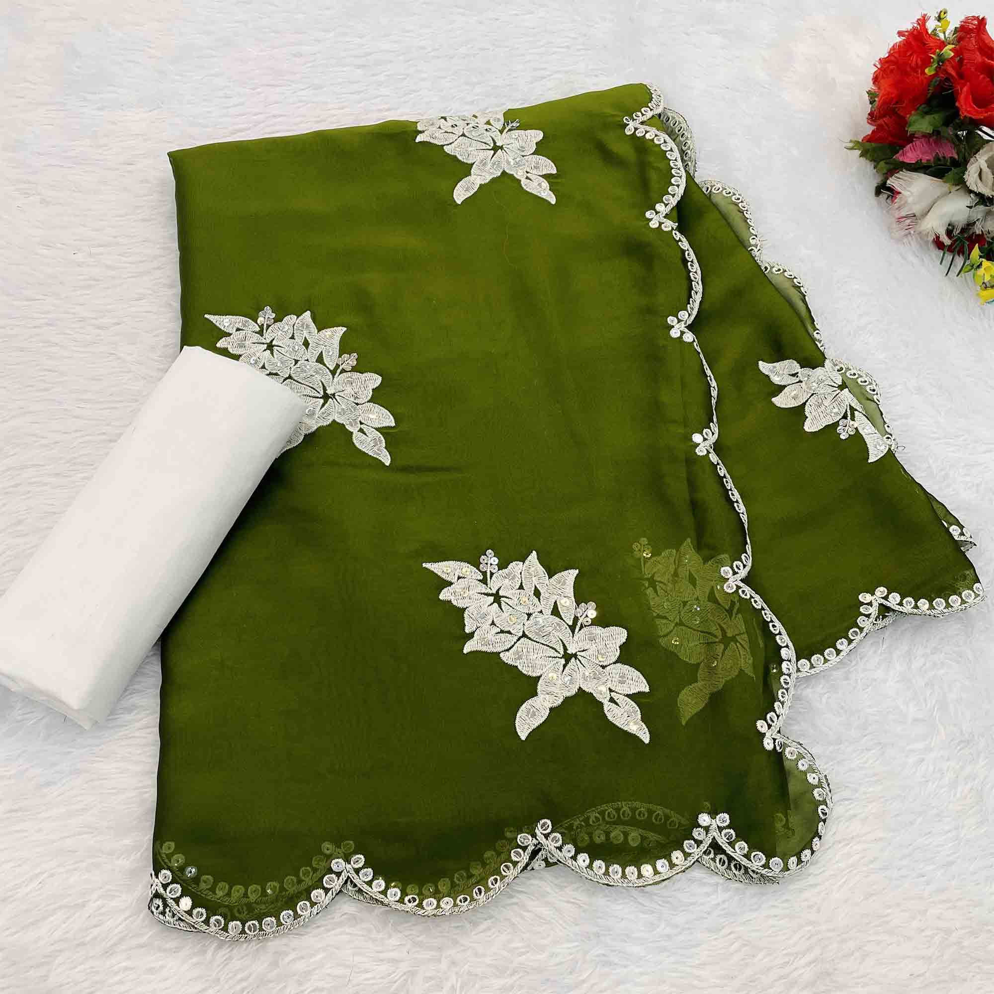 Mehendi Green Silk Blend Saree with Embroidered Floral Design in Sequins & Thread