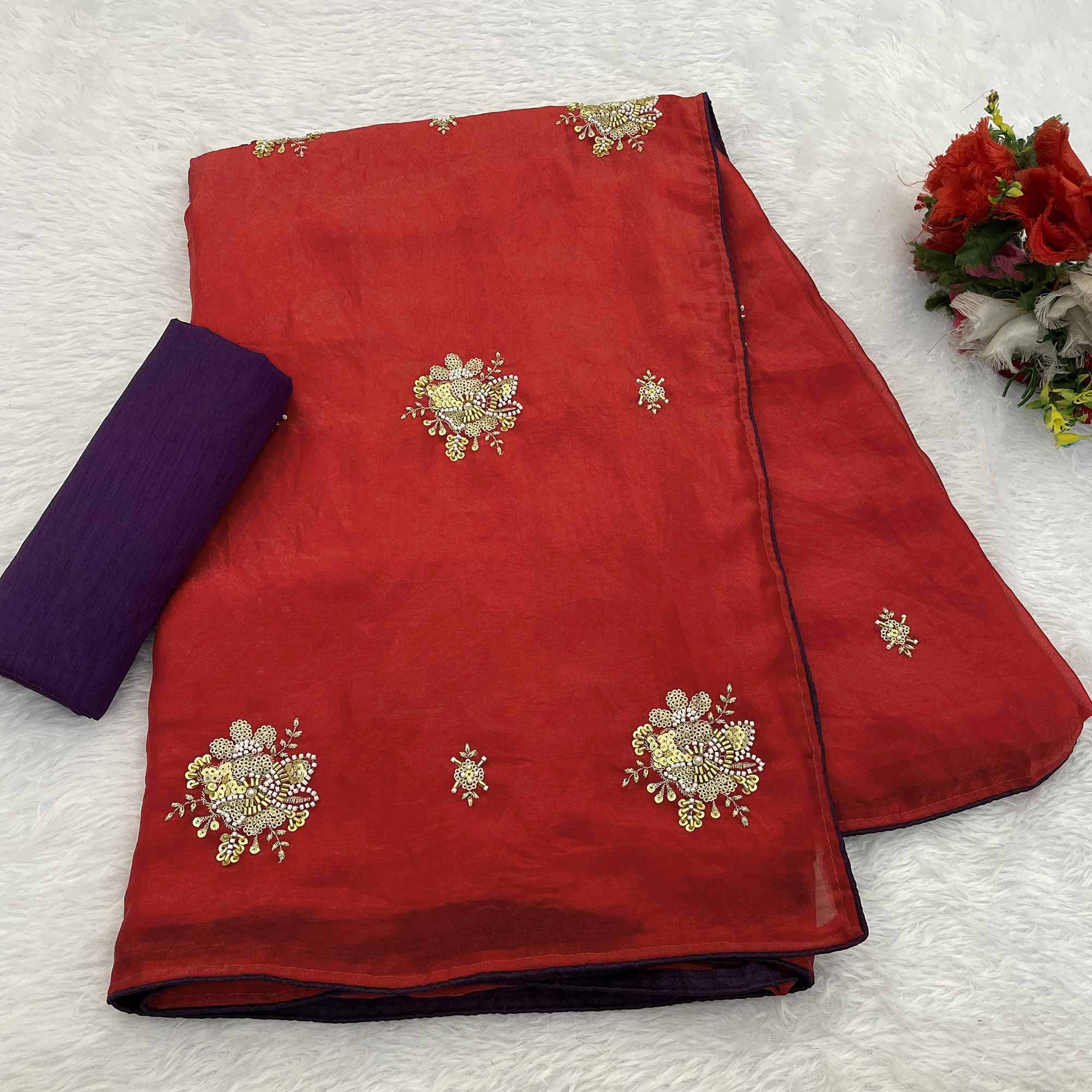 Party Wear Red Satin Silk Saree with Intricate Bead and Sequin Detailing