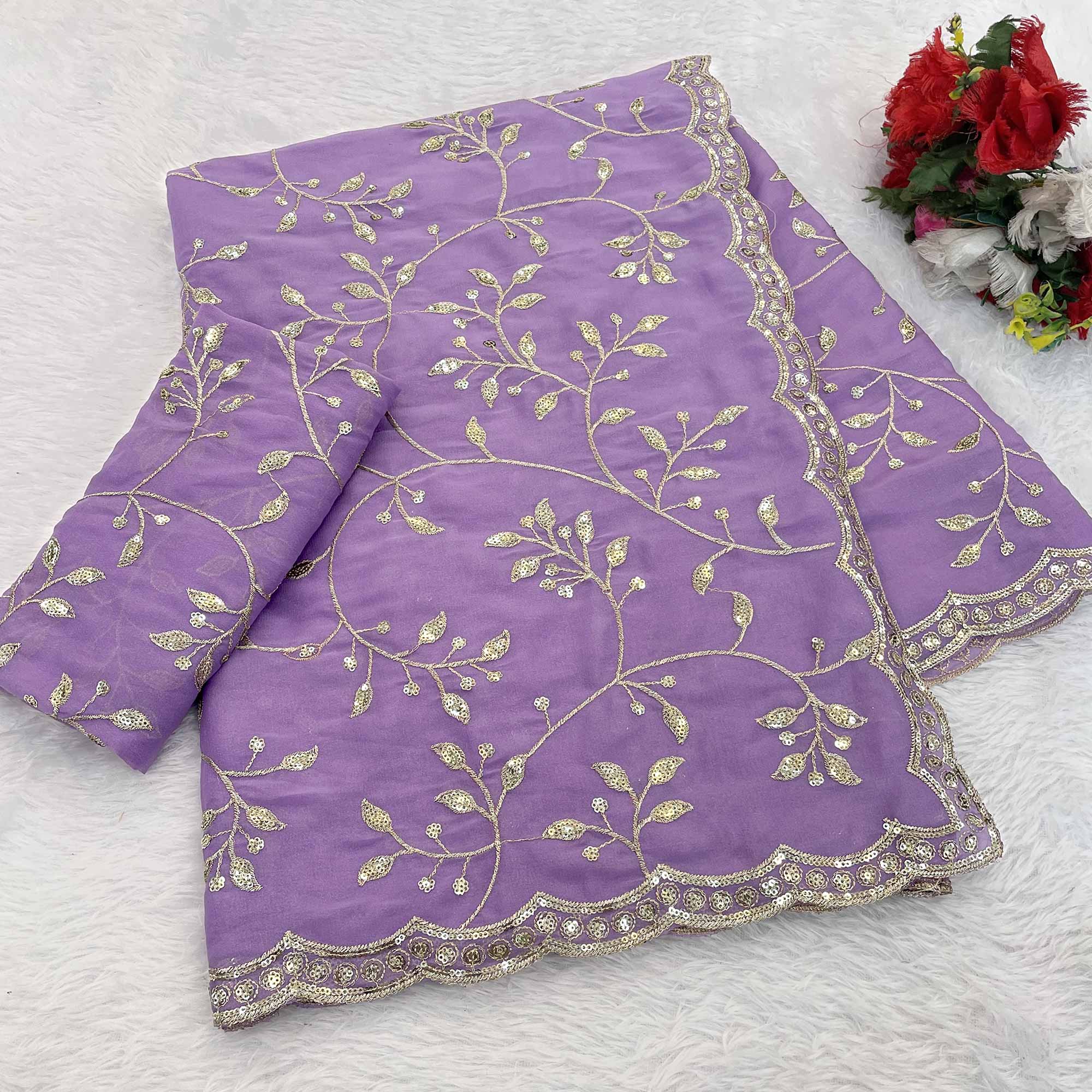 Designer Lavender Georgette Saree Featuring Intricate Sequins & Embroidery Work