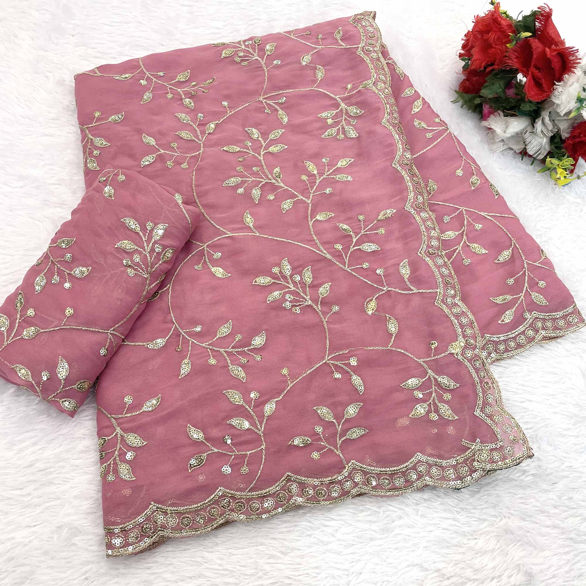 Designer Pink Georgette Saree Featuring Intricate Sequins & Embroidery Work
