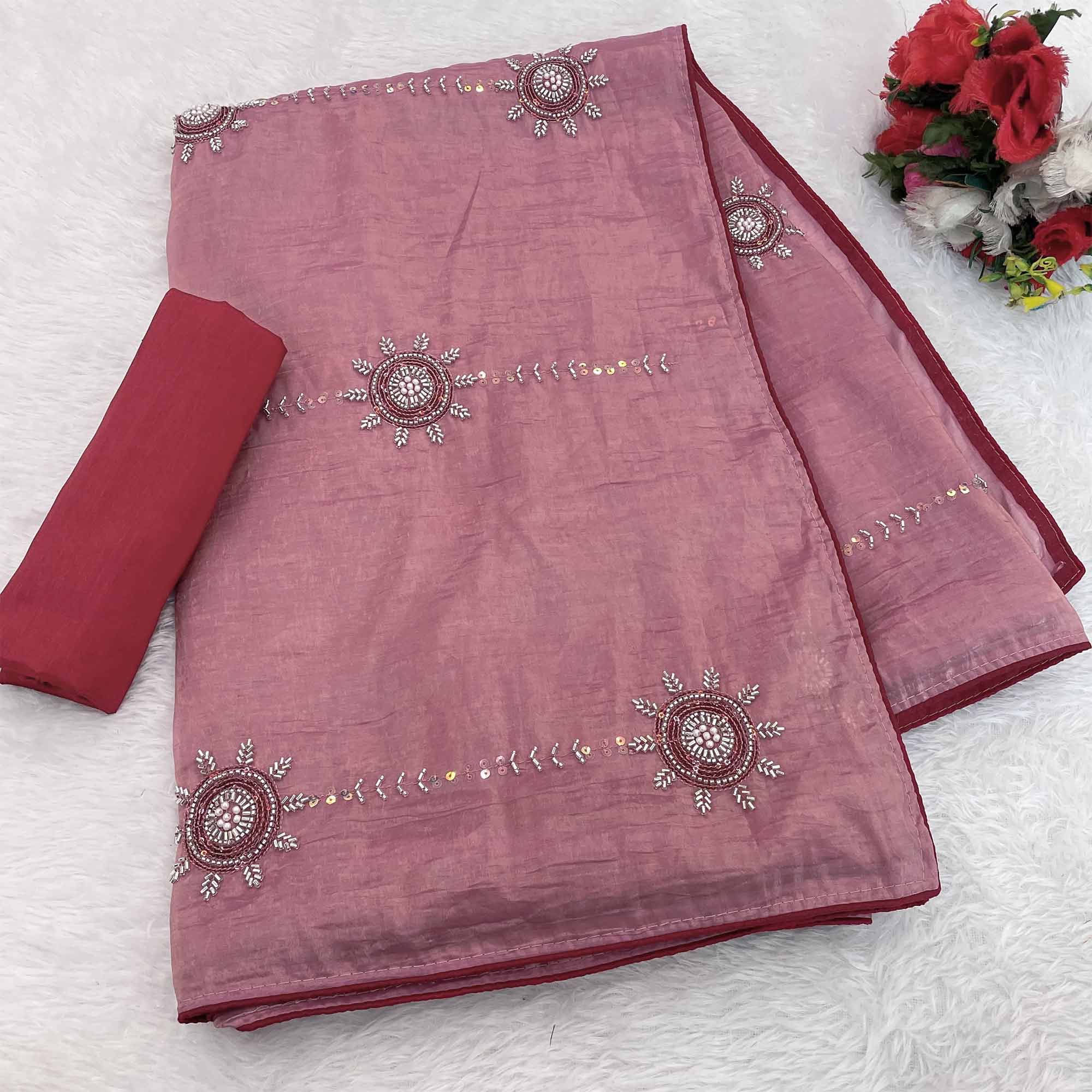 Pink Designer Silk Blend Saree Embellished with Stones & Beads