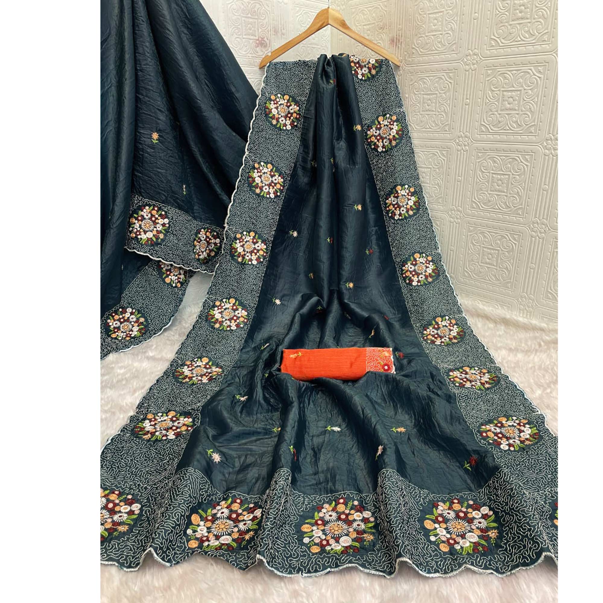 Deep Teal Cotton Silk Saree with Beautiful Floral Embroidery for Parties & Celebrations