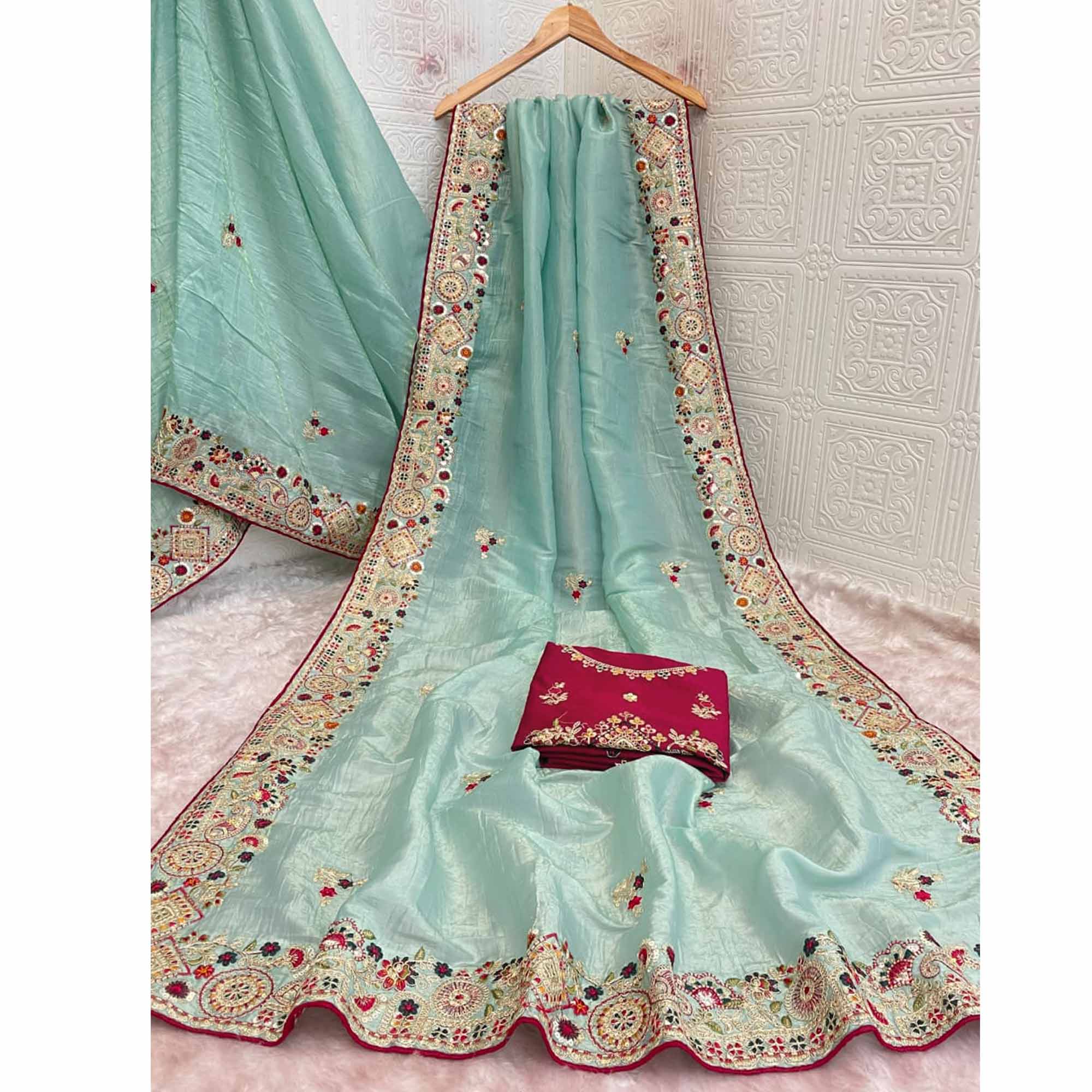 Aqua Blue Saree in Cotton Silk Fabric with Exquisite Floral Sequins Detailing