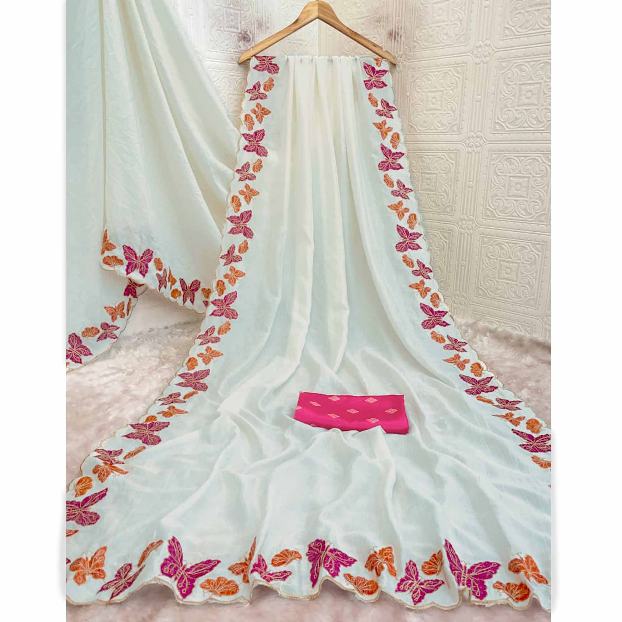 Off White Pure Vichitra Silk Saree with Graceful Butterfly Inspired Embroidery Detailing