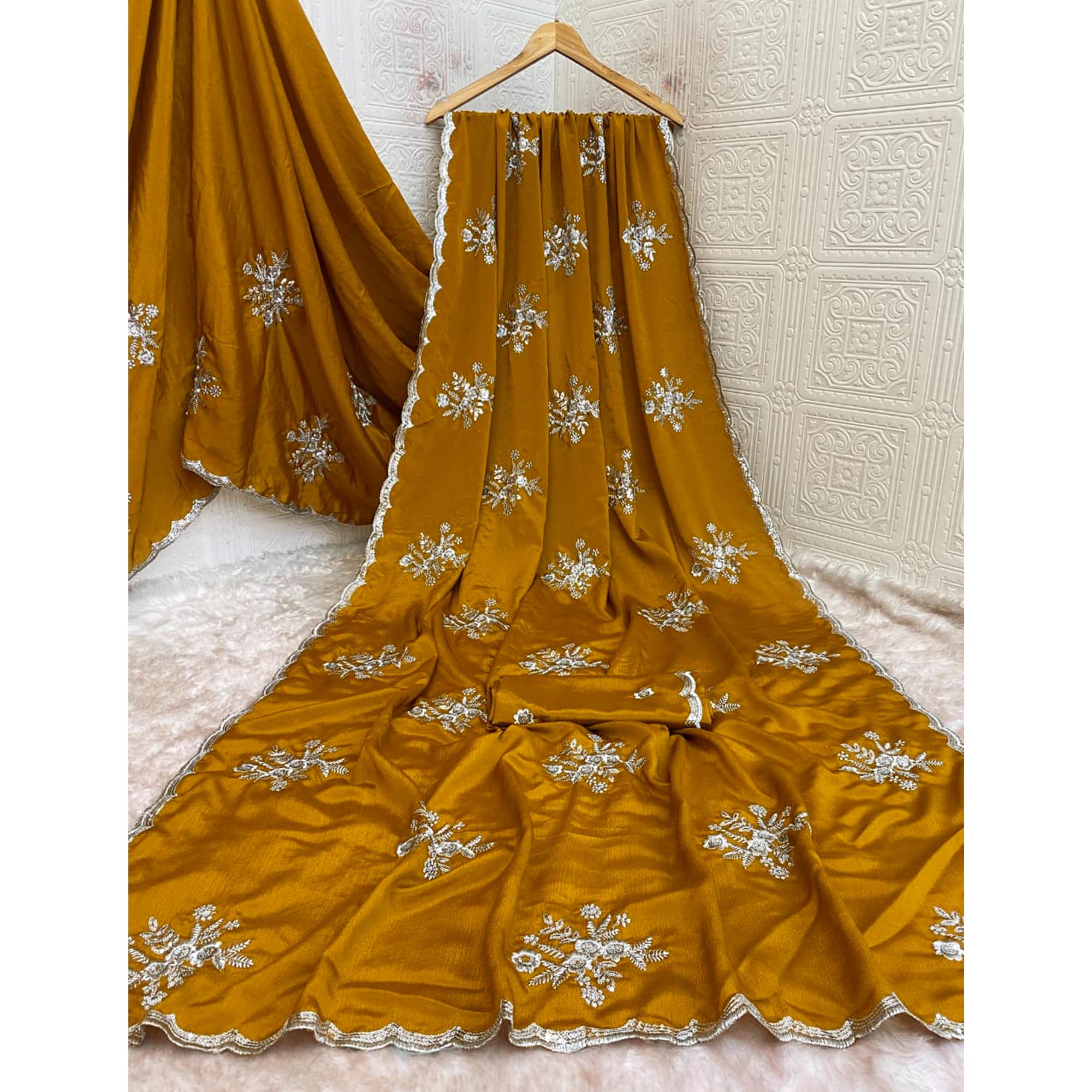 Designer Mustard Pure Chinon Saree Highlighted with Elegant Sequins Embroidery