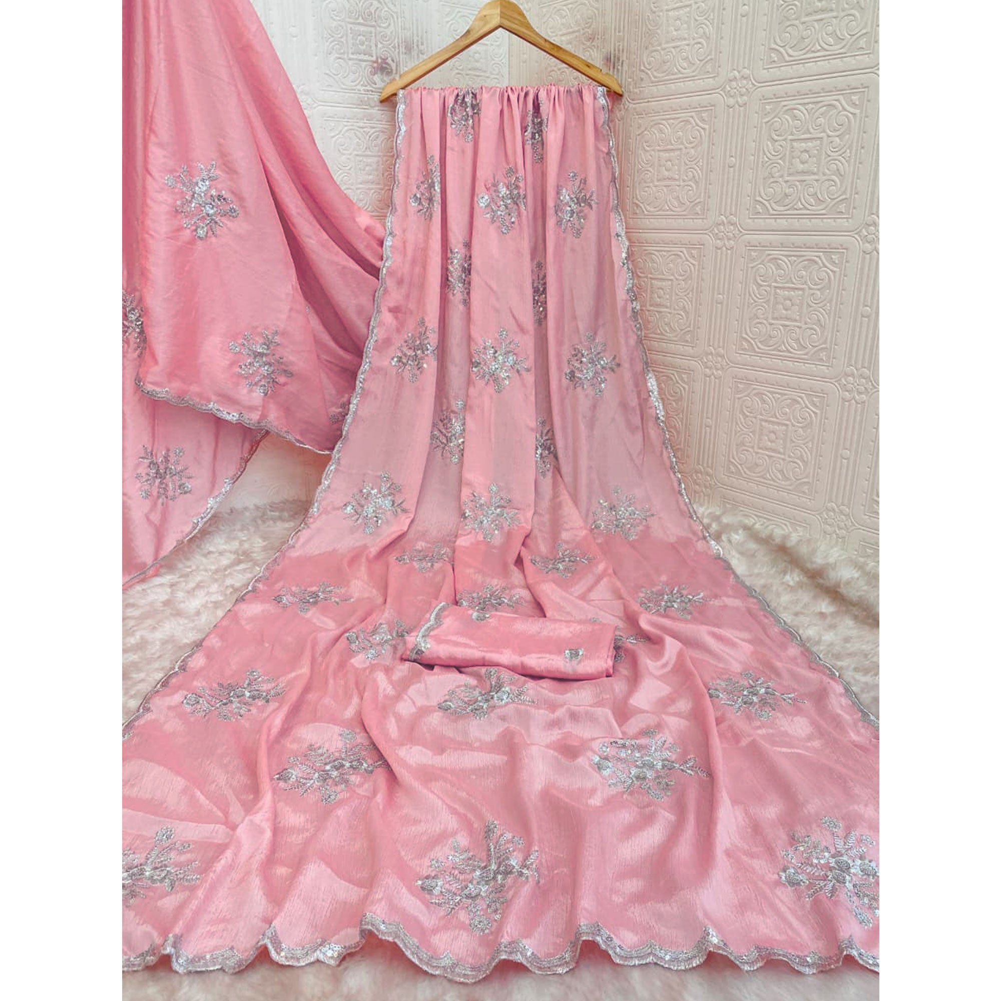 Designer Peach Pure Chinon Saree Highlighted with Elegant Sequins Embroidery