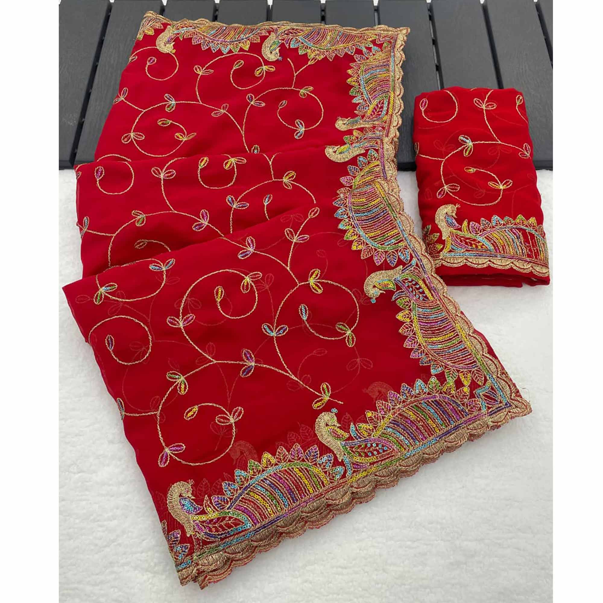 Elegant Red Floral Sequin & Thread Embroidered Georgette Saree With Exquisite Peacock Design Border