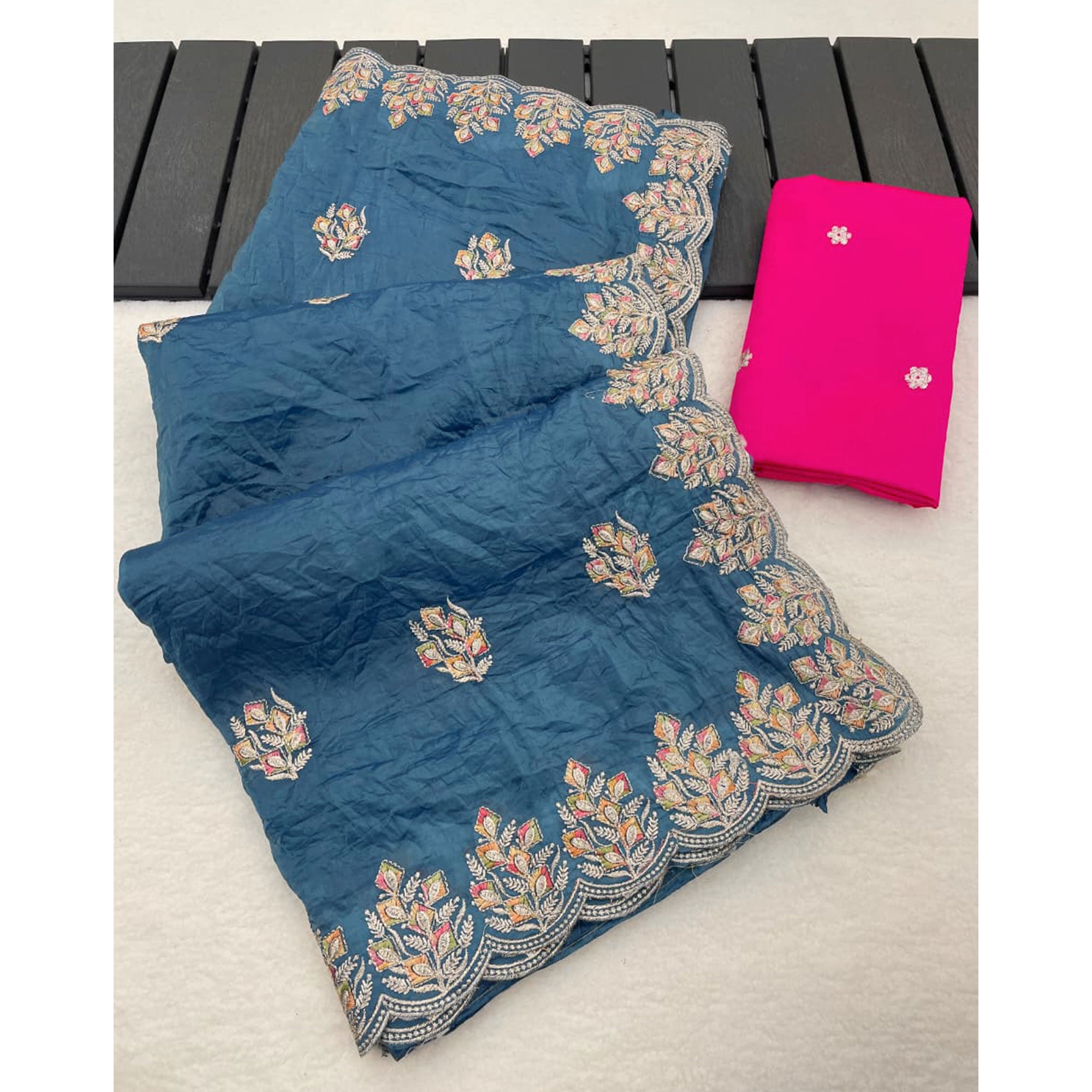 Classic Blue Silk Blend Crush Saree Beautifully Embellished With Floral Thread Embroidery