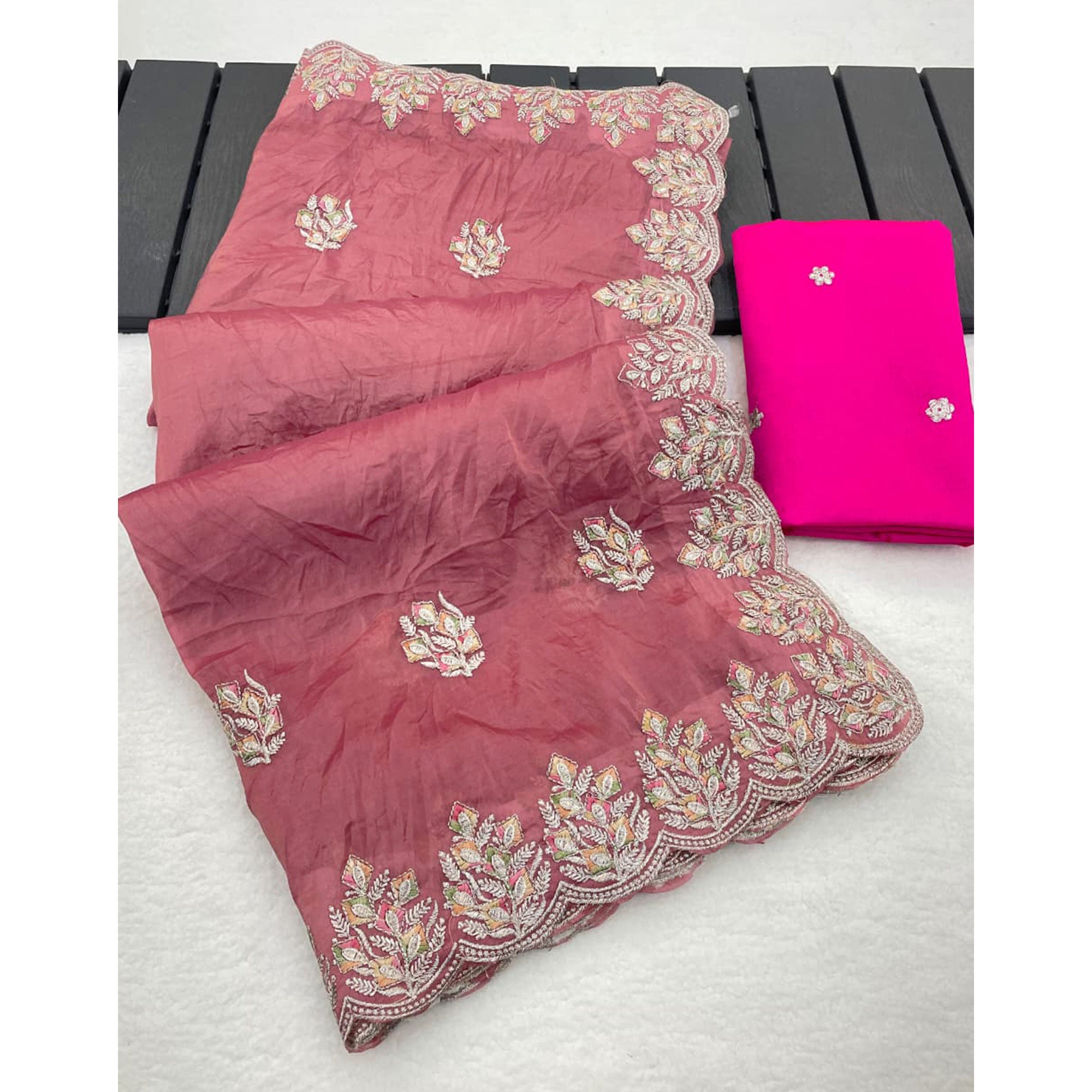 Classic Dusty Pink Silk Blend Crush Saree Beautifully Embellished With Floral Thread Embroidery