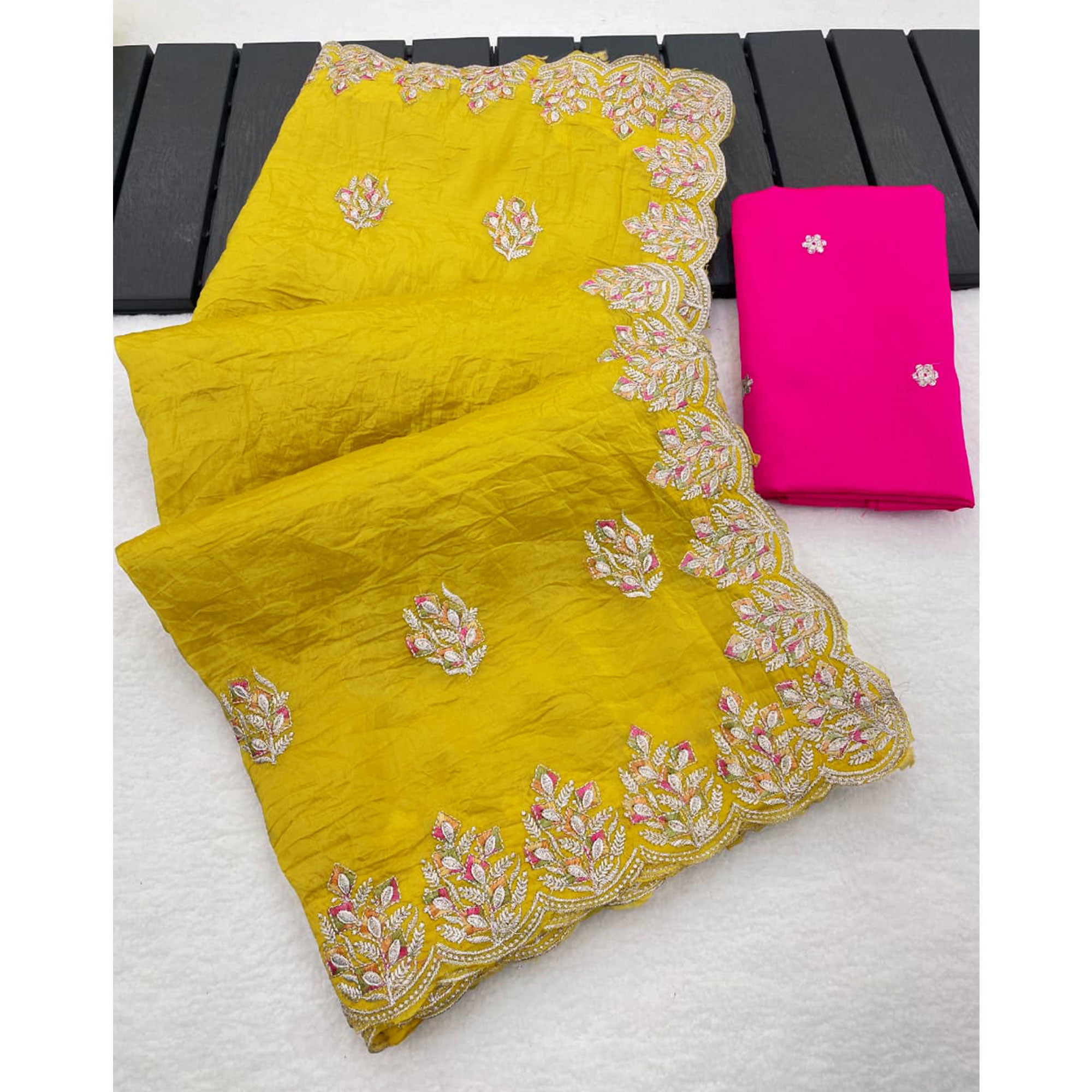 Classic Mustard Silk Blend Crush Saree Beautifully Embellished With Floral Thread Embroidery