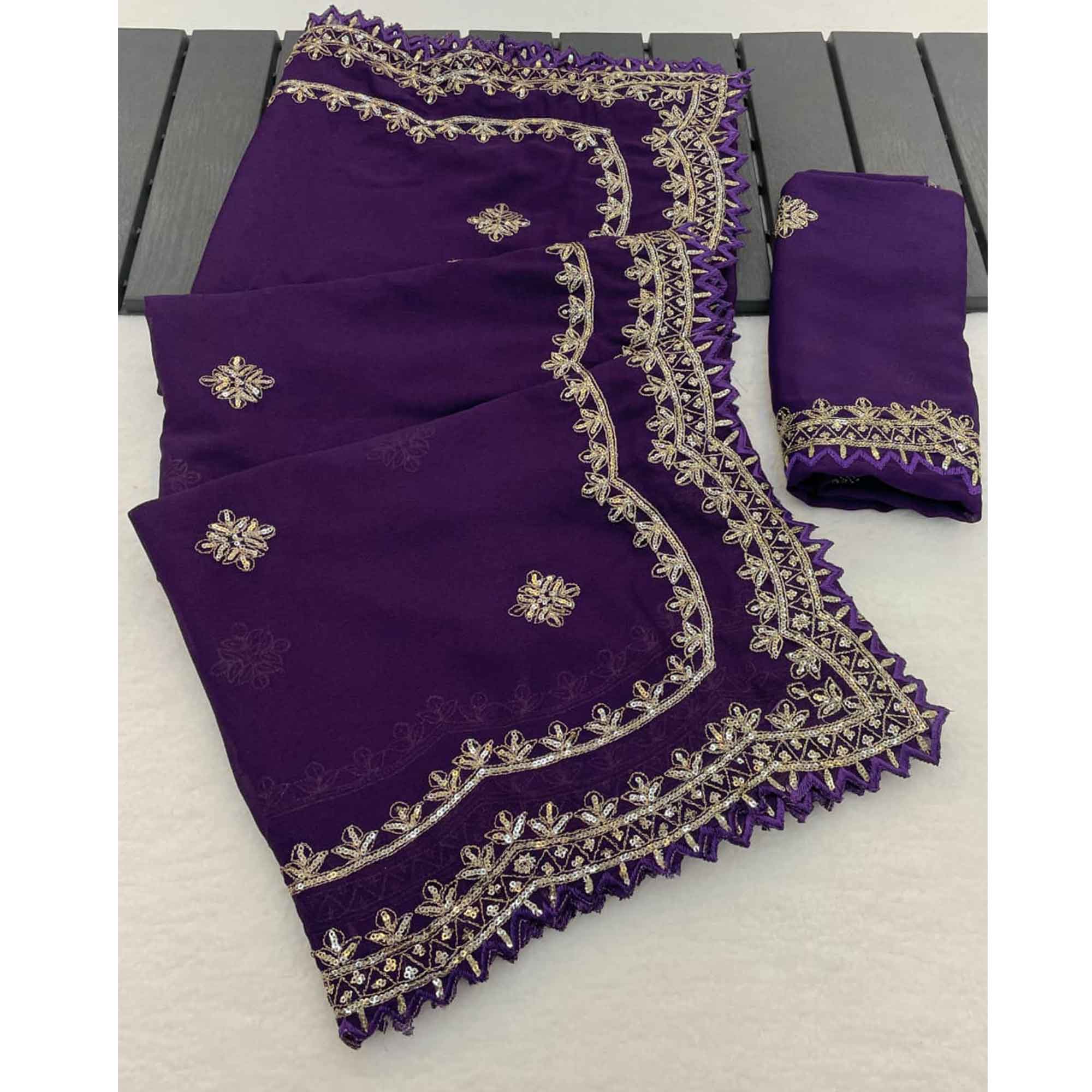 Radiant Purple Thread Work Georgette Silk Saree Beautifully Enhanced With Sequins Embellishment