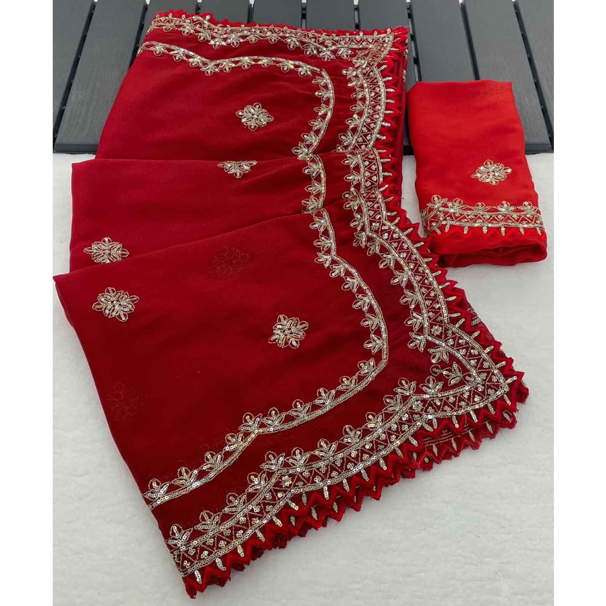 Radiant Red Thread Work Georgette Silk Saree Beautifully Enhanced With Sequins Embellishment
