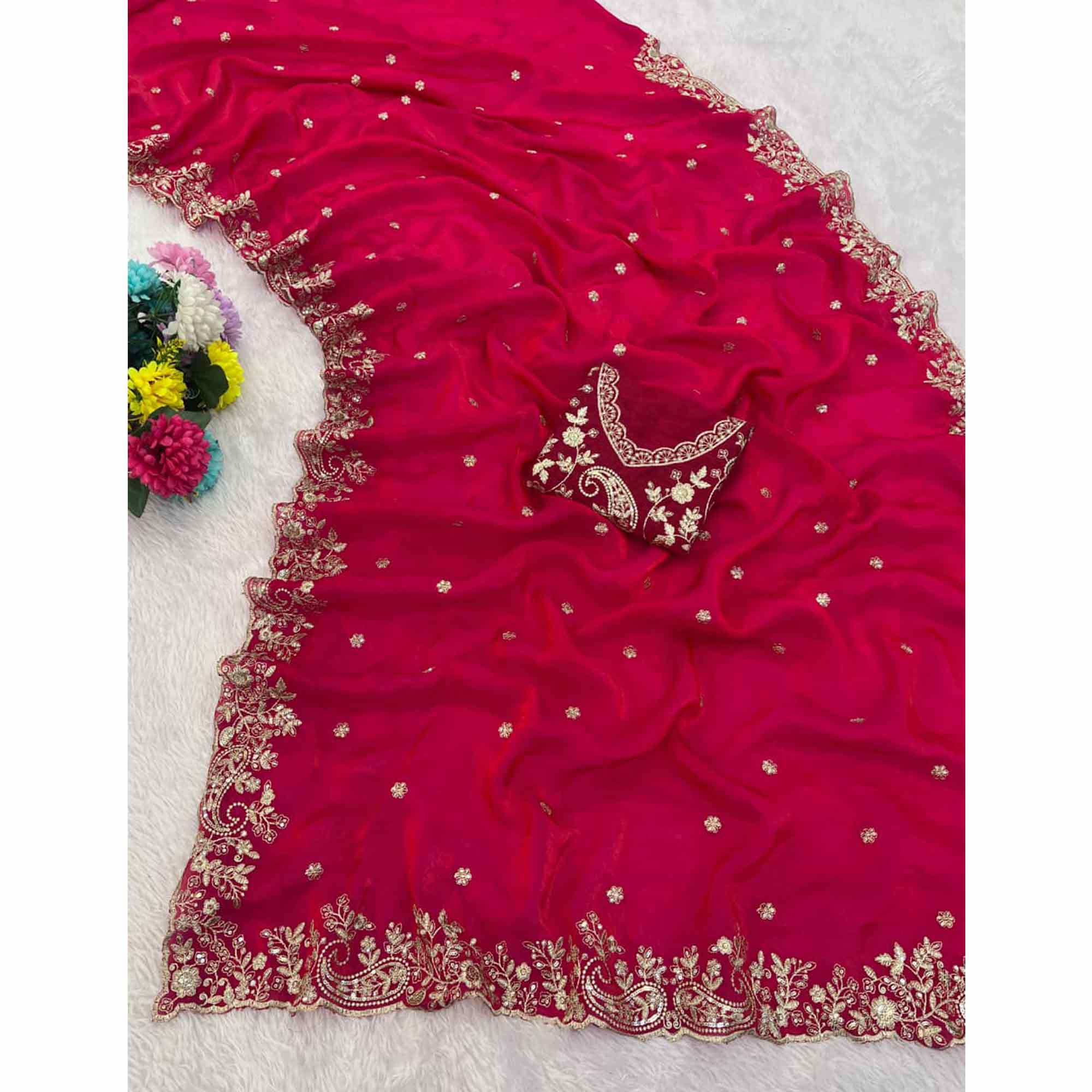 Pink Partywear Organza Satin Silk Crush Saree with Delicate Floral Embroidery