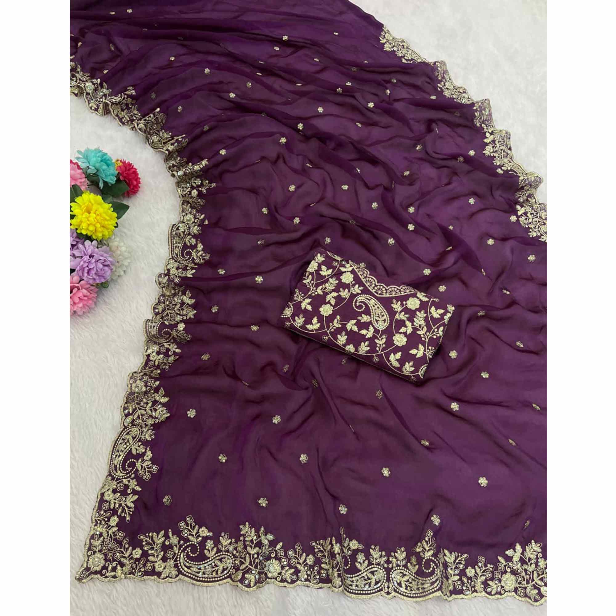 Purple Partywear Organza Satin Silk Crush Saree with Delicate Floral Embroidery