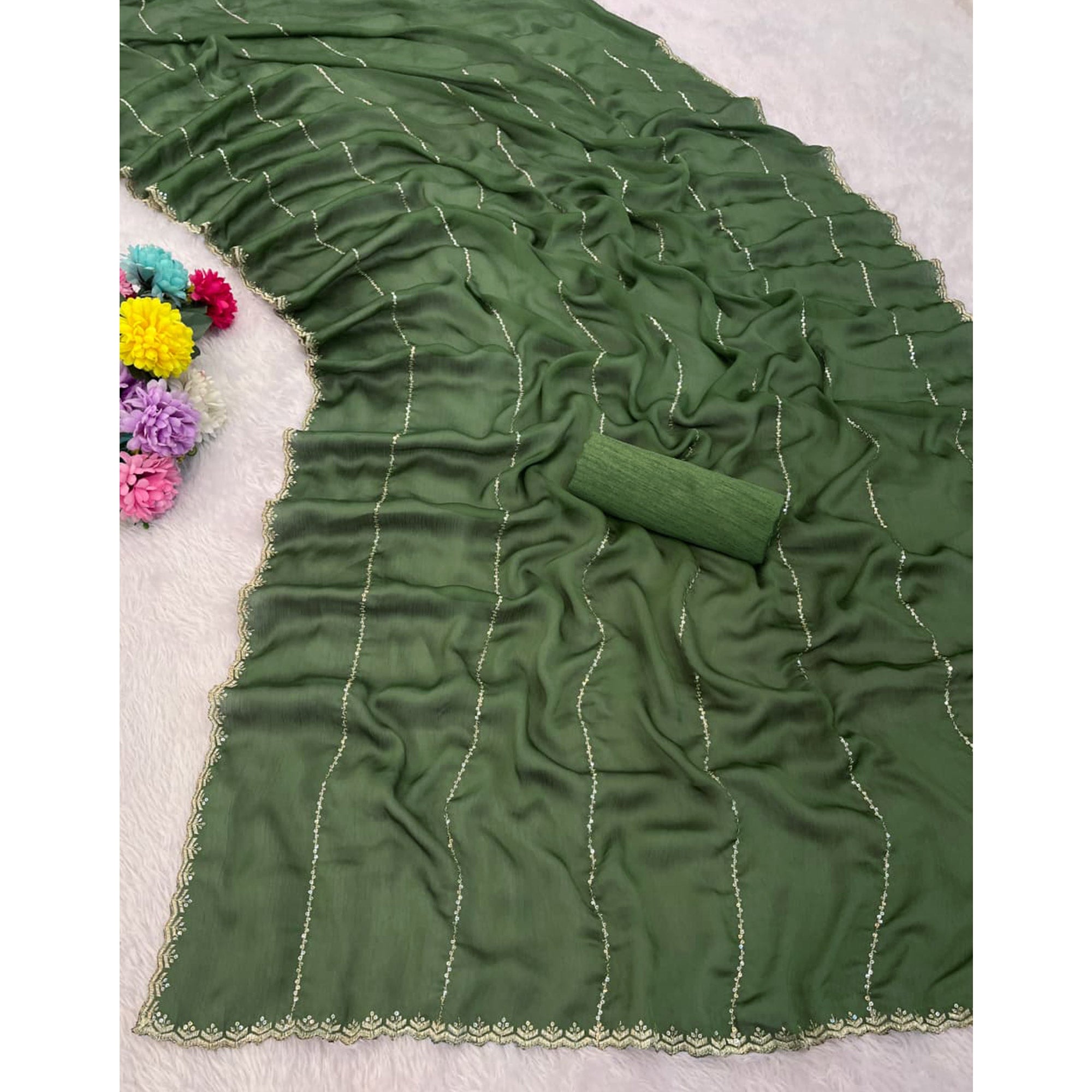 Green Soft Satin Chiffon Saree Adorned with Intricate Sequins Detailing