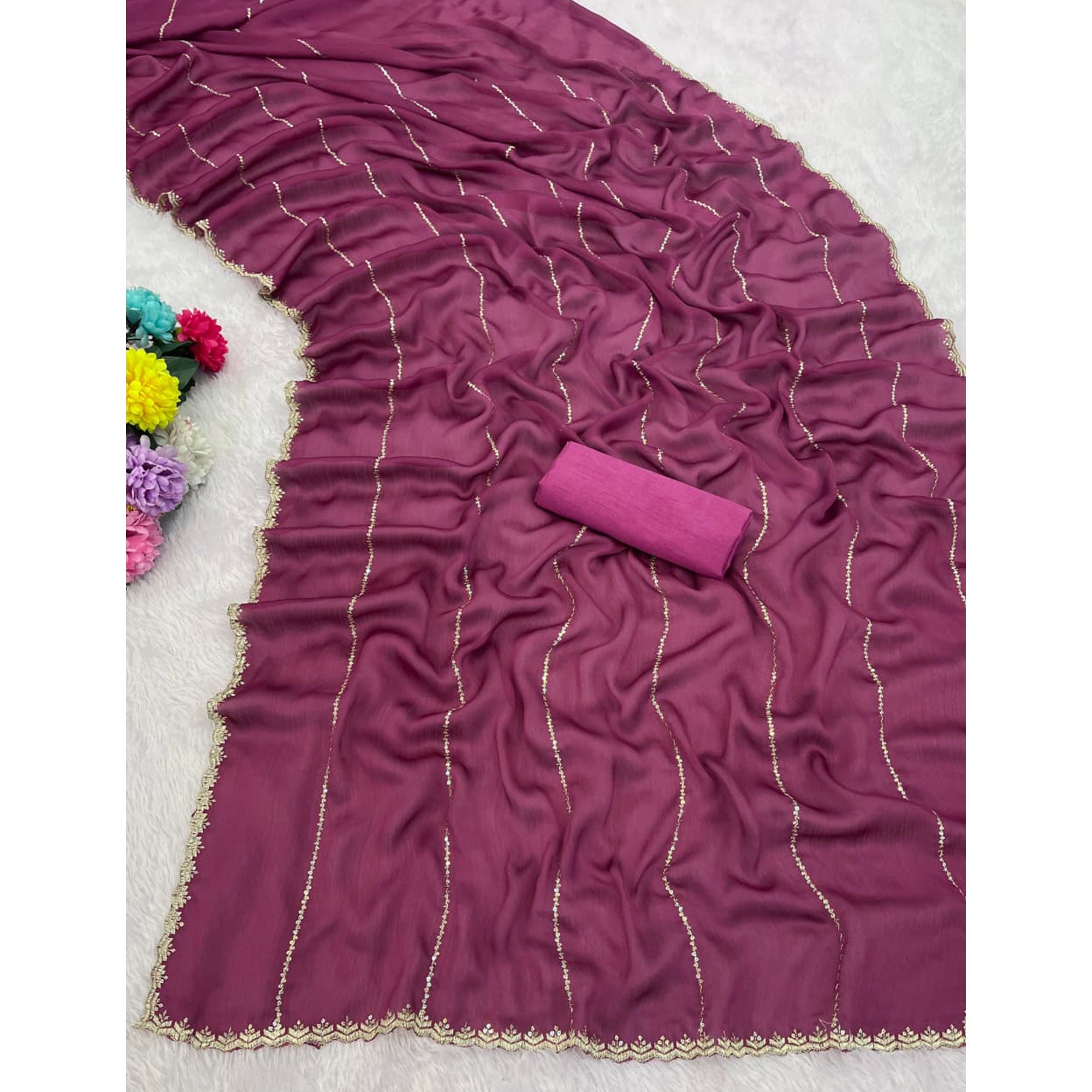 Mauve Soft Satin Chiffon Saree Adorned with Intricate Sequins Detailing