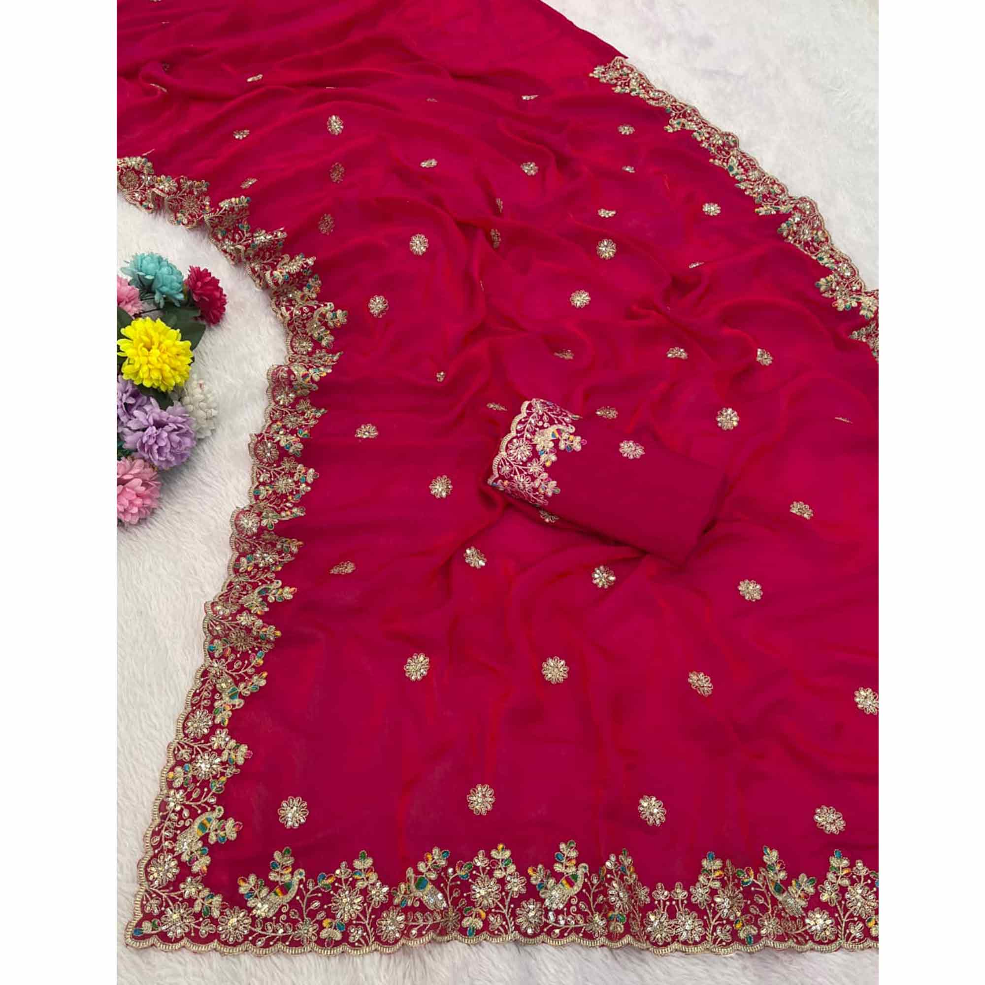 Pink Floral Embroidered Lightweight Organza Satin Silk Saree for Party and Festive Wear