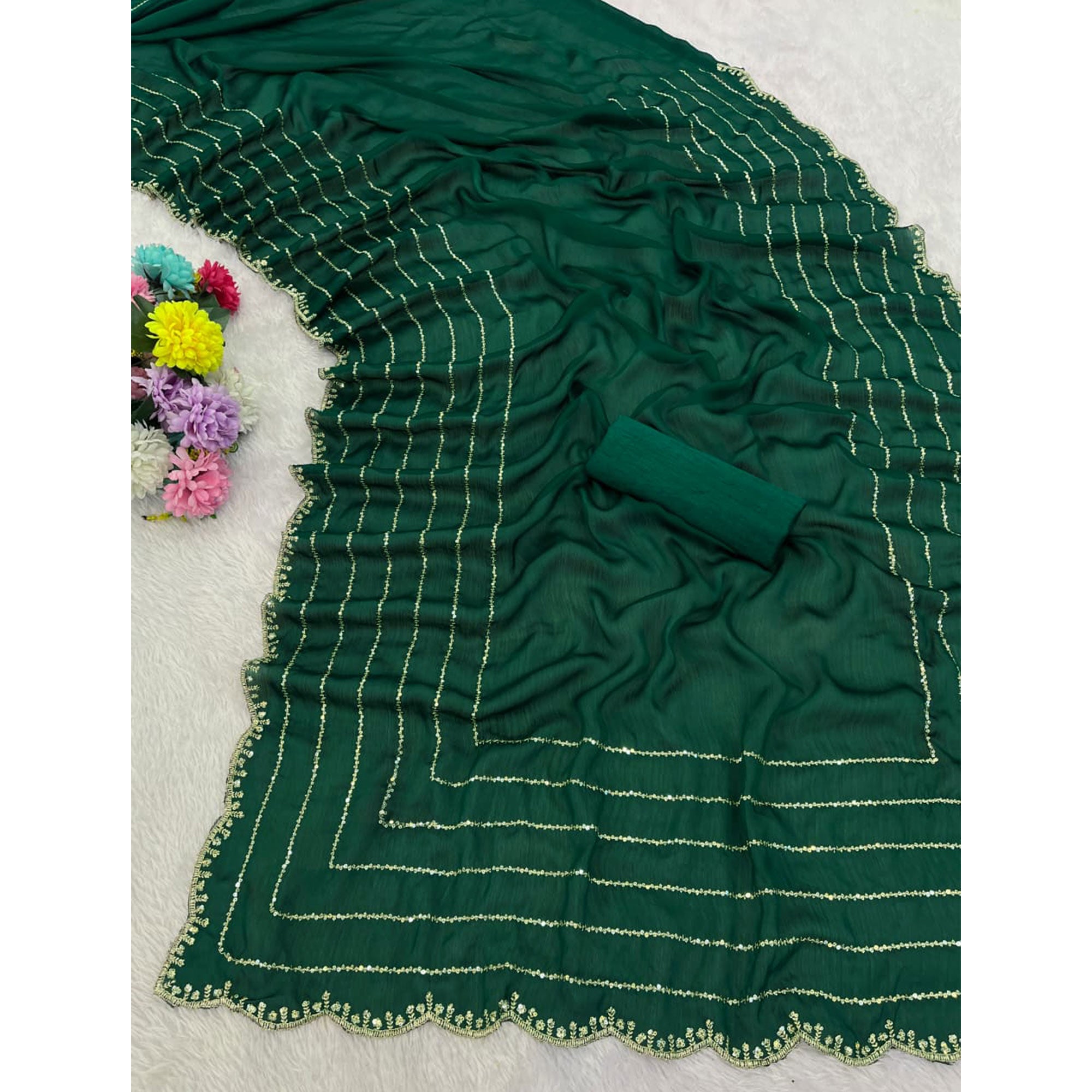 Green Soft Satin Chiffon Saree Embellished with Intricate Sequins Detailing