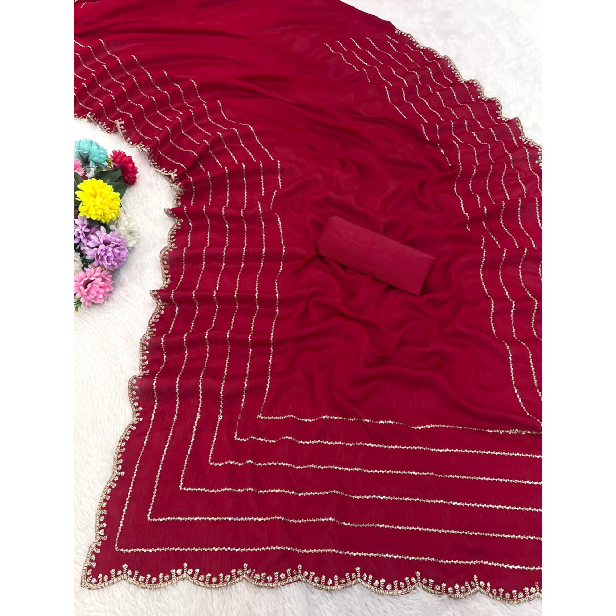 Pink Soft Satin Chiffon Saree Embellished with Intricate Sequins Detailing