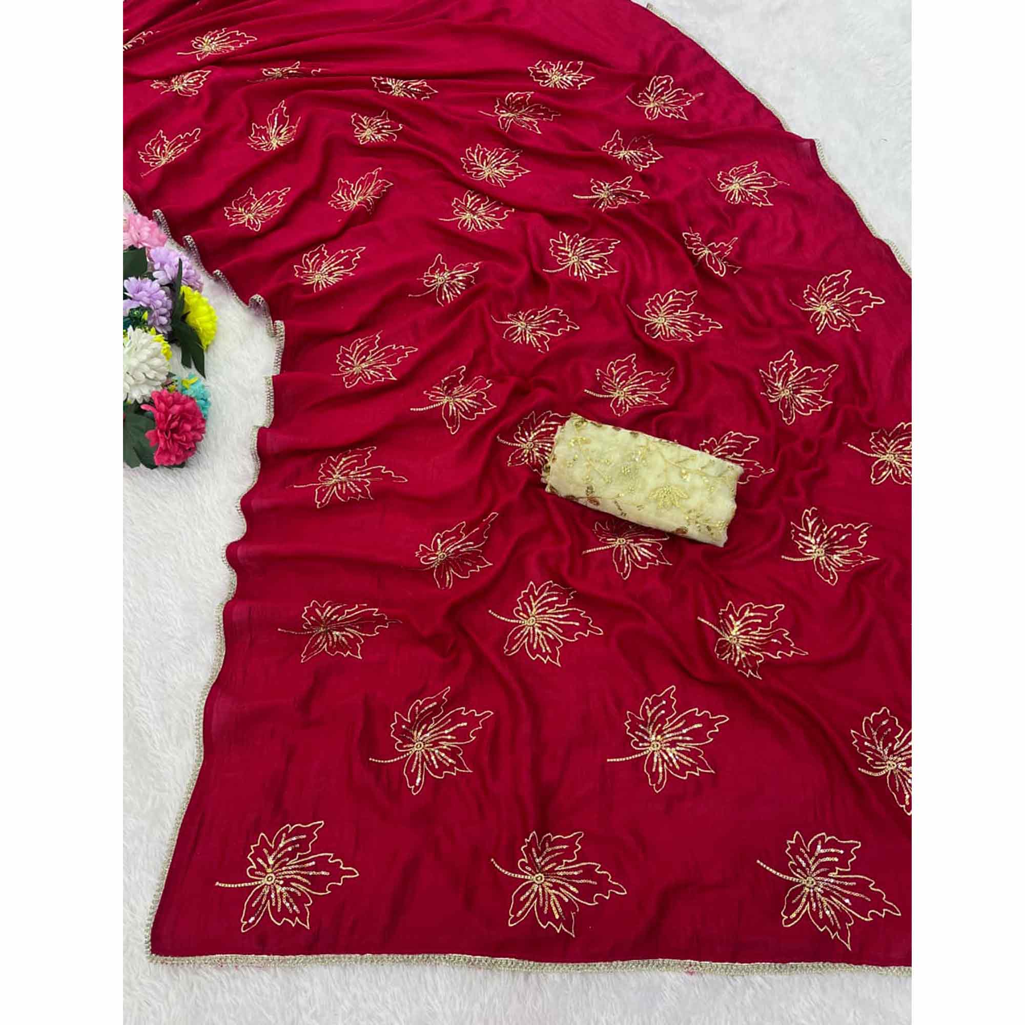 Glamorous Pink Sequin Embellished Saree in Premium Vichitra Silk