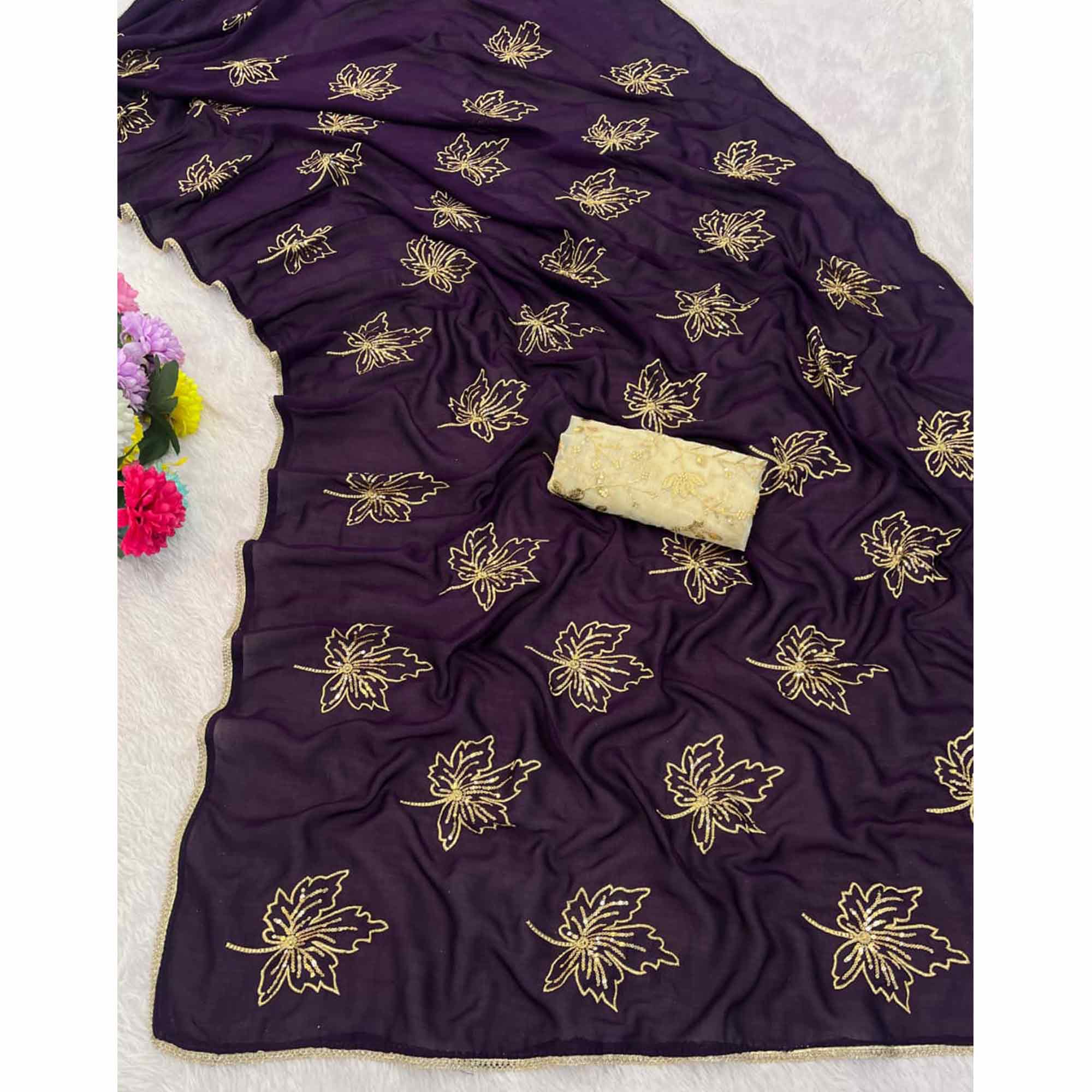 Glamorous Purple Sequin Embellished Saree in Premium Vichitra Silk