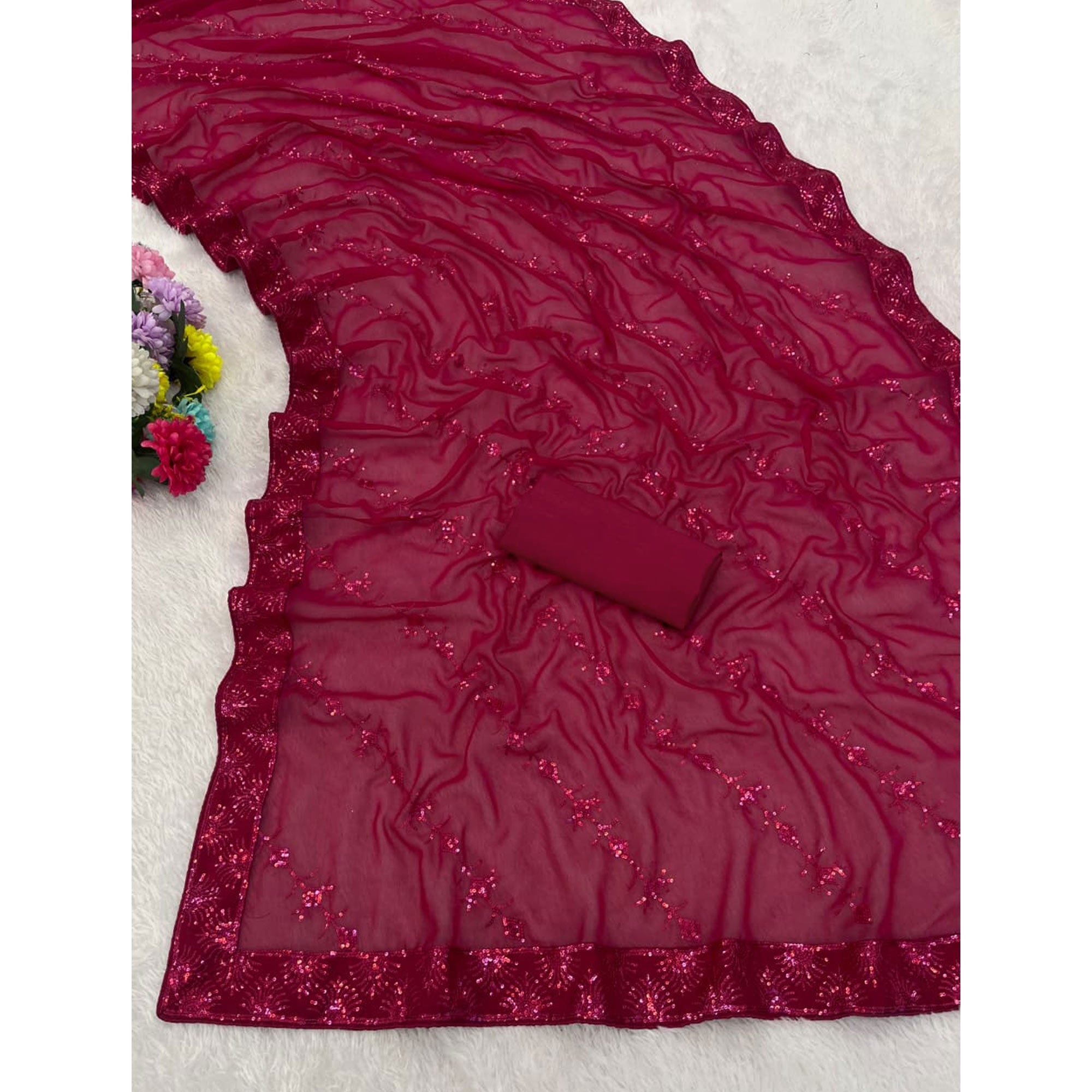 Pink Premium Vichitra Silk Saree Adorned with Shimmering Sequins Work