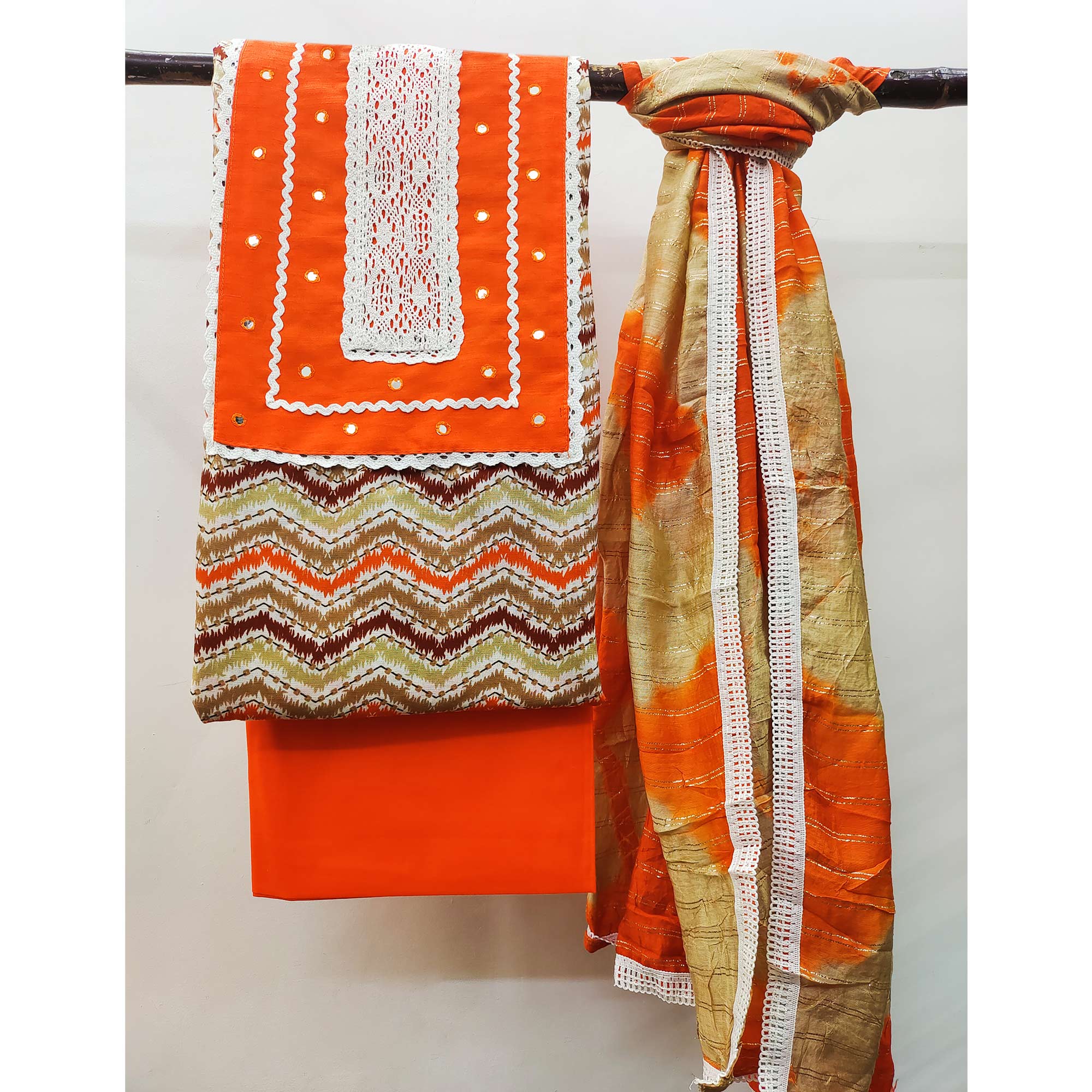 Orange Printed With Embroidered Pure Cotton Dress Material