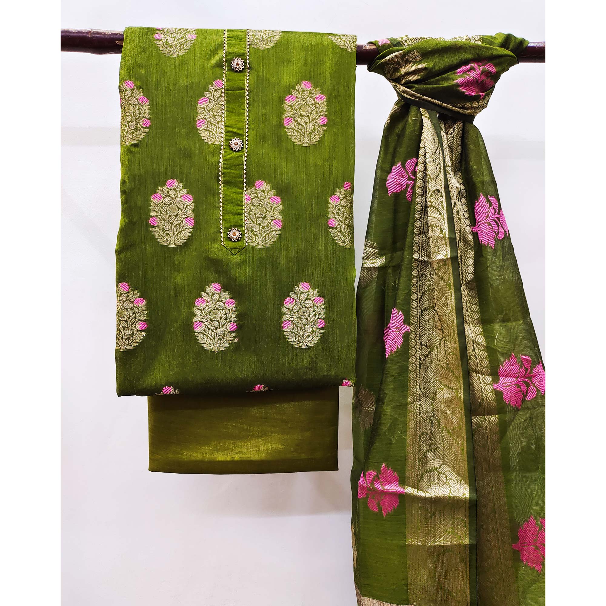 Green Floral Woven Banarasi Silk Dress Material