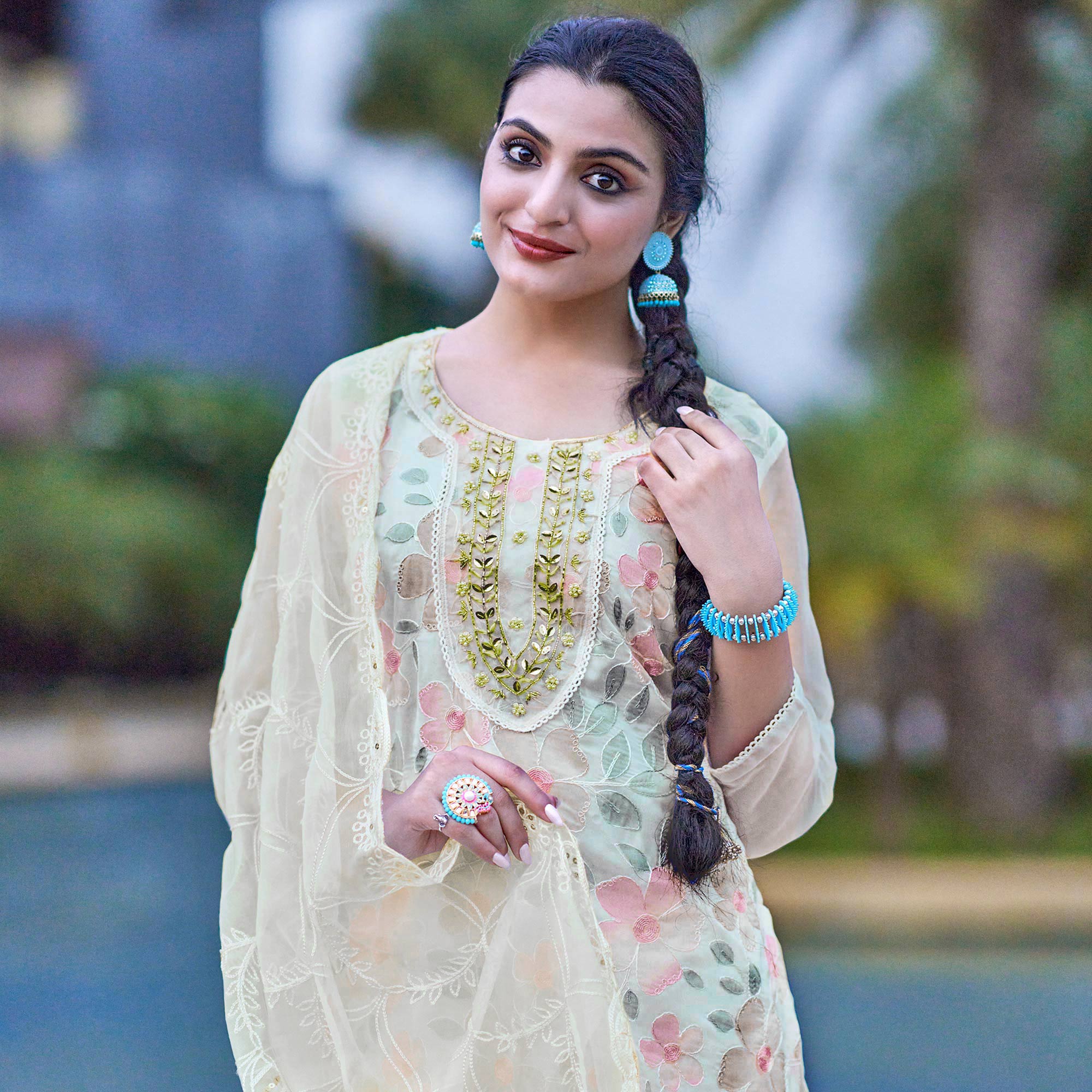 Cream Printed With Handwork Organza Salwar Suit
