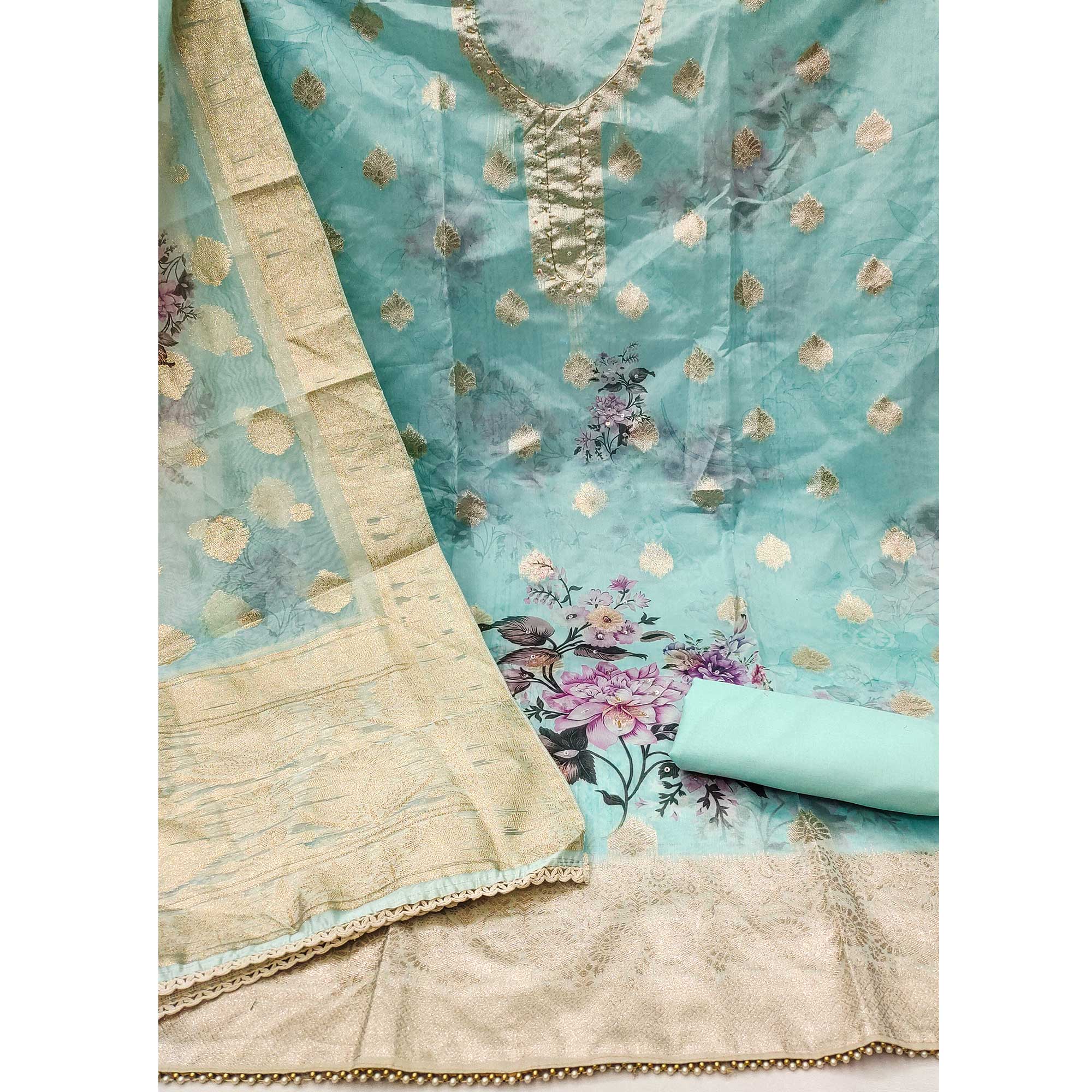 Turquoise Woven With Digital Printed Organza Dress Material
