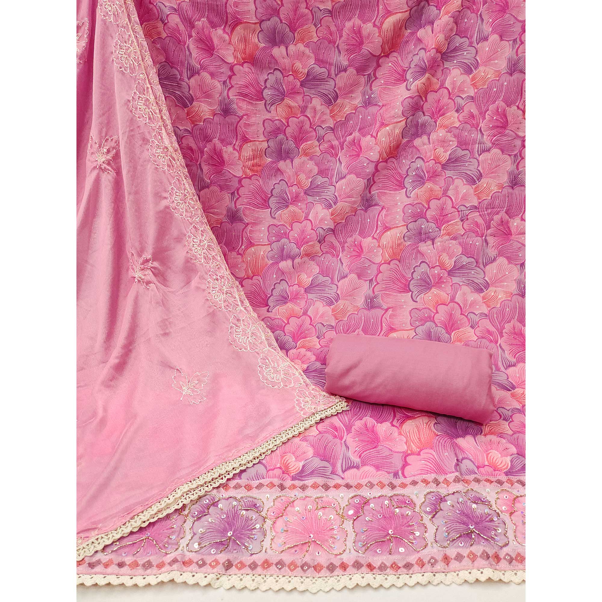 Pink Floral Embroidery With Printed Muslin Dress Material